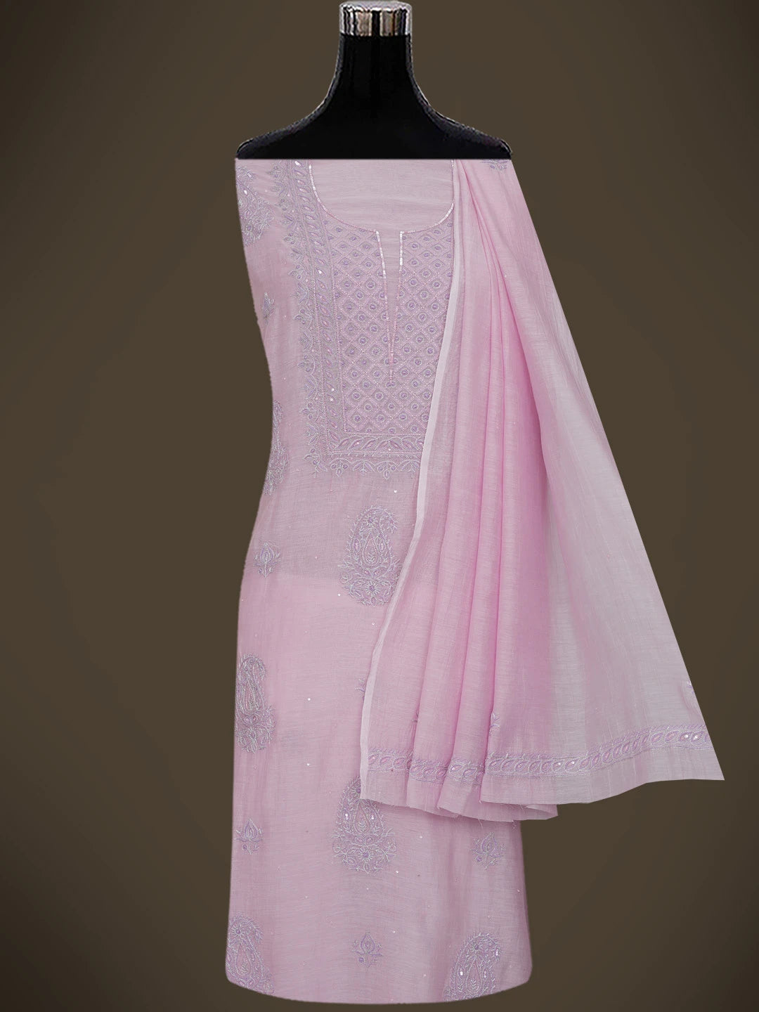 Ada Hand Embroidered Pink Chanderi Lucknowi Chikankari Unstitched Kurta Dupatta Set With Zari Work 01A682751