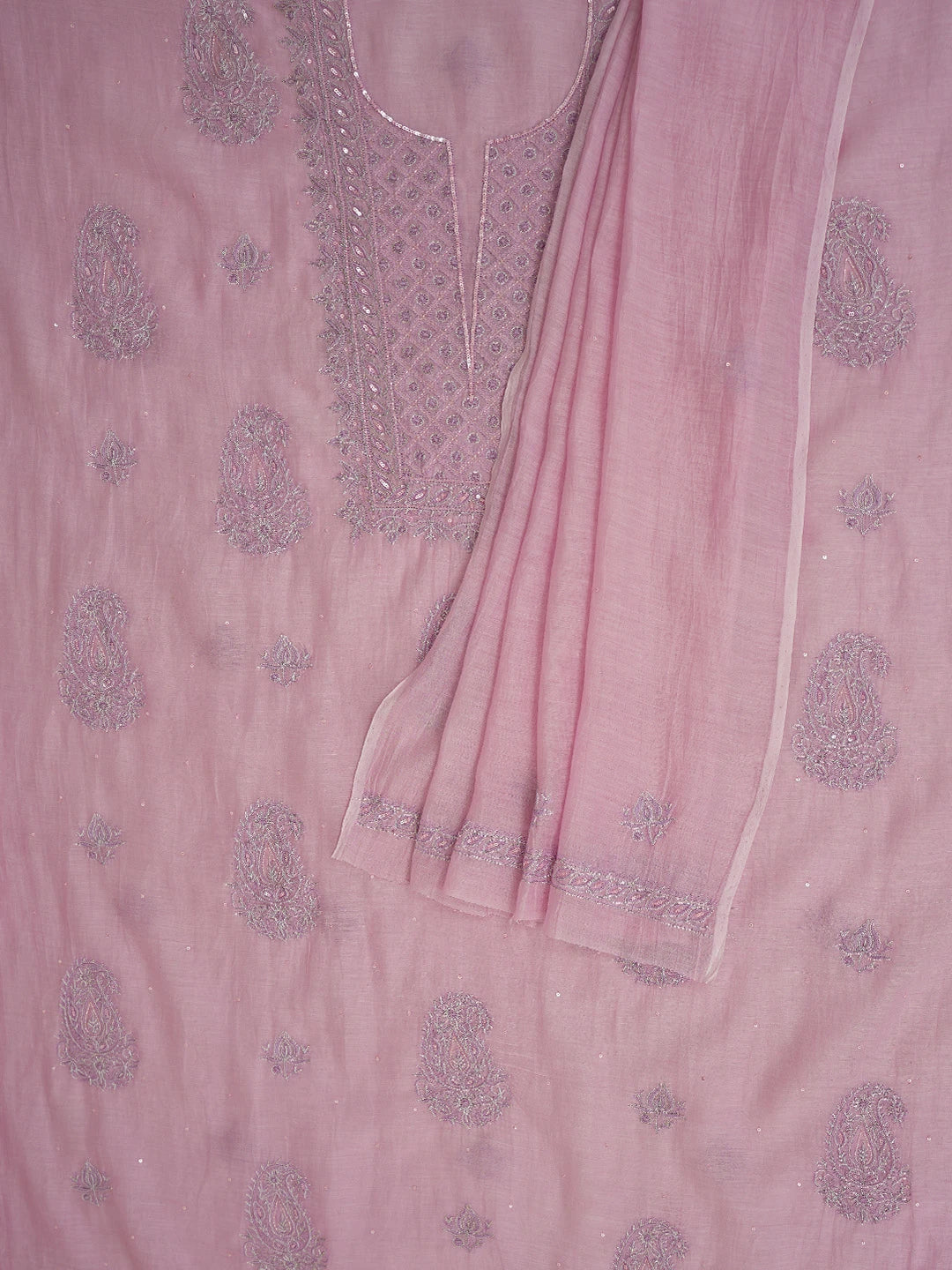 Ada Hand Embroidered Pink Chanderi Lucknowi Chikankari Unstitched Kurta Dupatta Set With Zari Work 01A682751