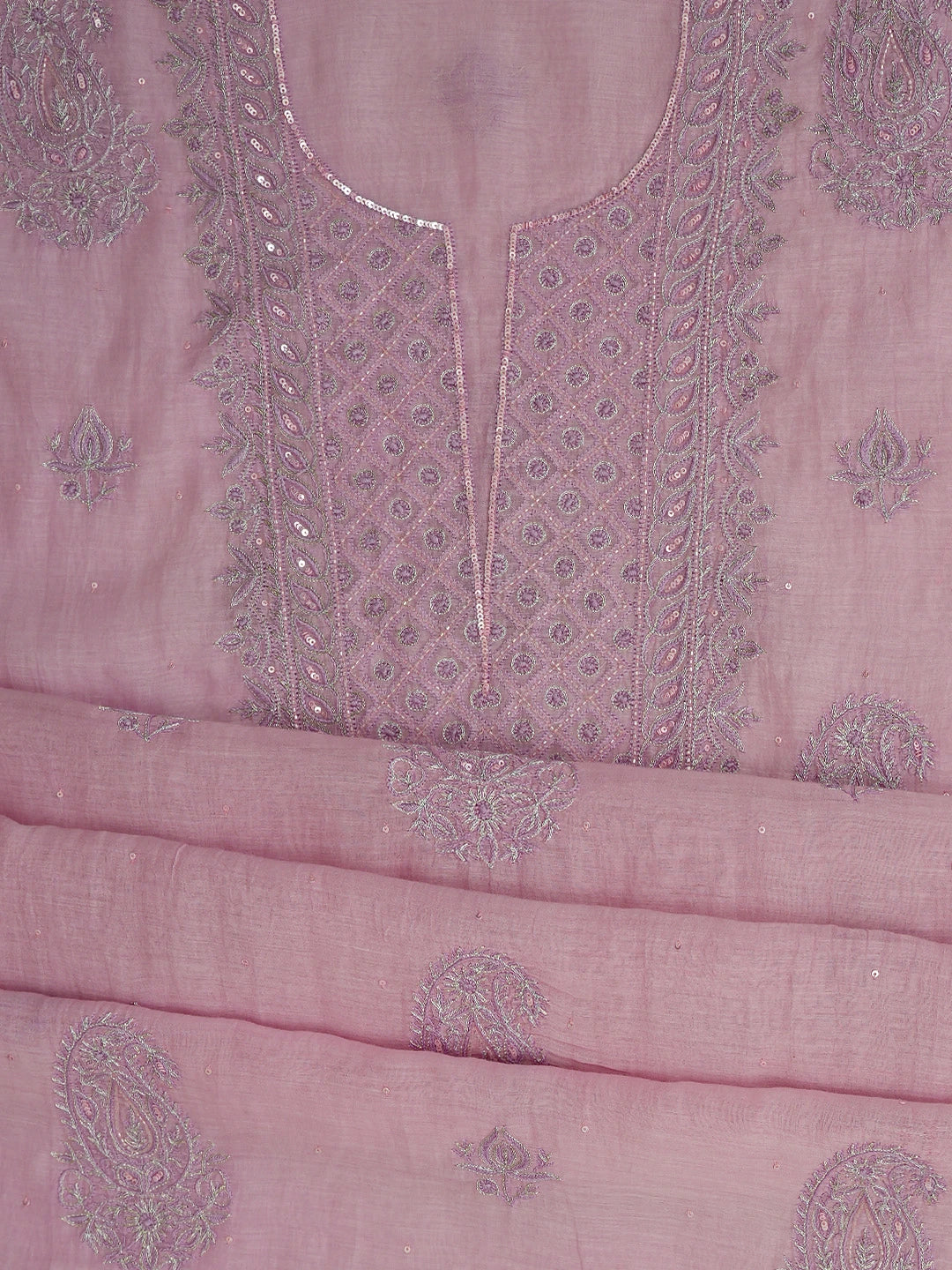 Ada Hand Embroidered Pink Chanderi Lucknowi Chikankari Unstitched Kurta Dupatta Set With Zari Work 01A682751