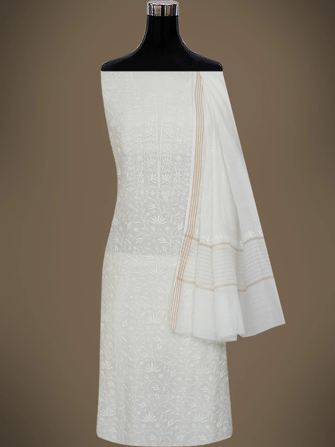 Ada Hand Embroidered Ivory White Chanderi Lucknowi Chikankari Unstitched Kurta Dupatta Set 01A664530