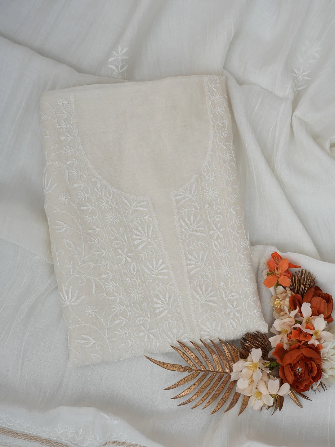Ada Hand Embroidered Ivory White Chanderi Lucknowi Chikankari Unstitched Kurta Dupatta Set 01A664530
