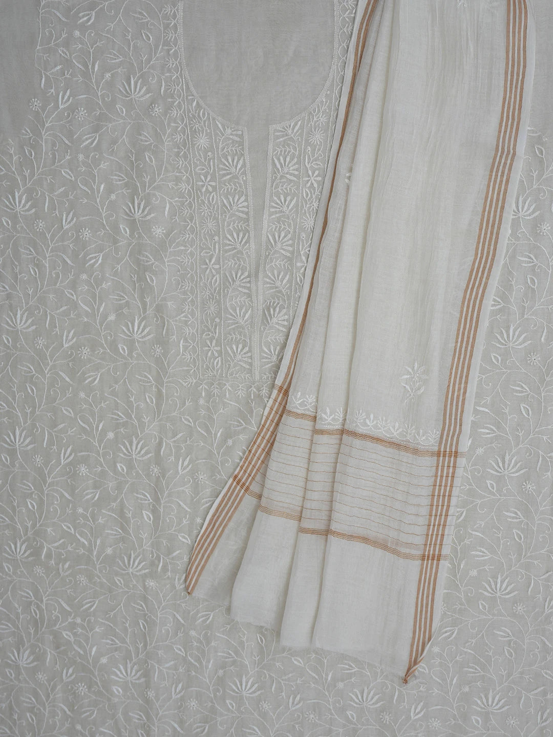 Ada Hand Embroidered Ivory White Chanderi Lucknowi Chikankari Unstitched Kurta Dupatta Set 01A664530