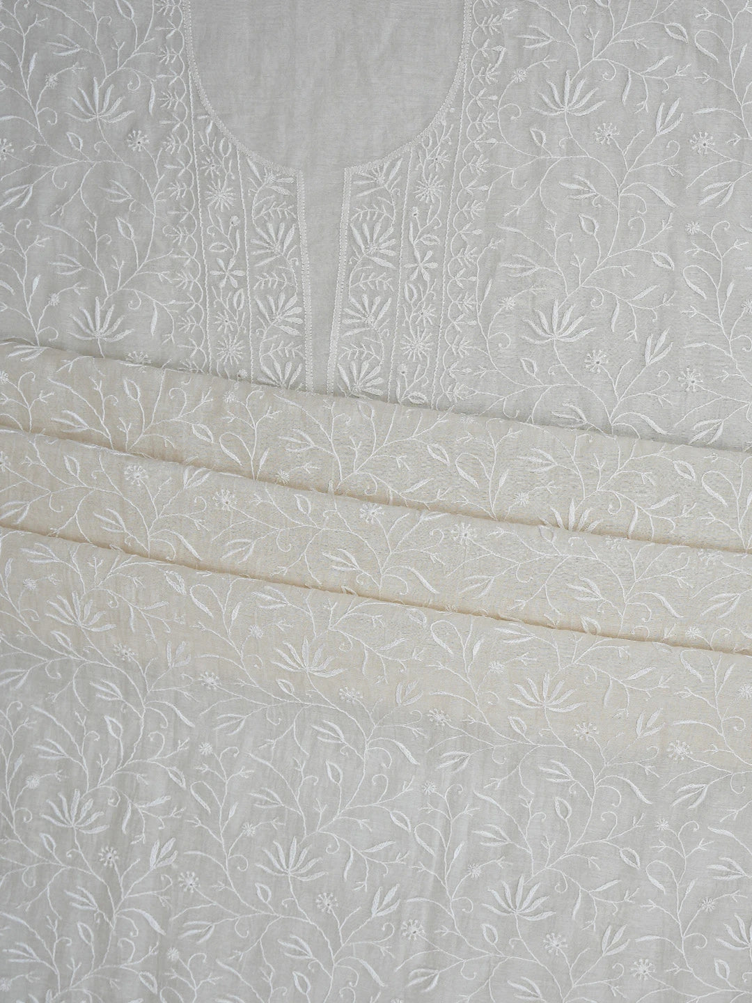 Ada Hand Embroidered Ivory White Chanderi Lucknowi Chikankari Unstitched Kurta Dupatta Set 01A664530