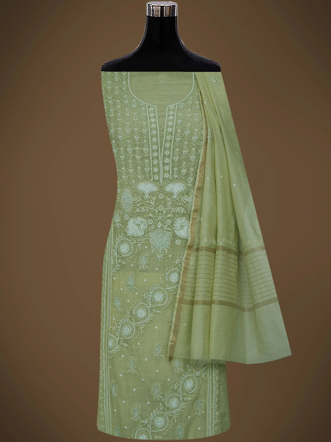 Ada Hand Embroidered Pista Green Chanderi Lucknowi Chikankari Semi-Stitched Kurta Dupatta Set With Cutdana Work 01A710901