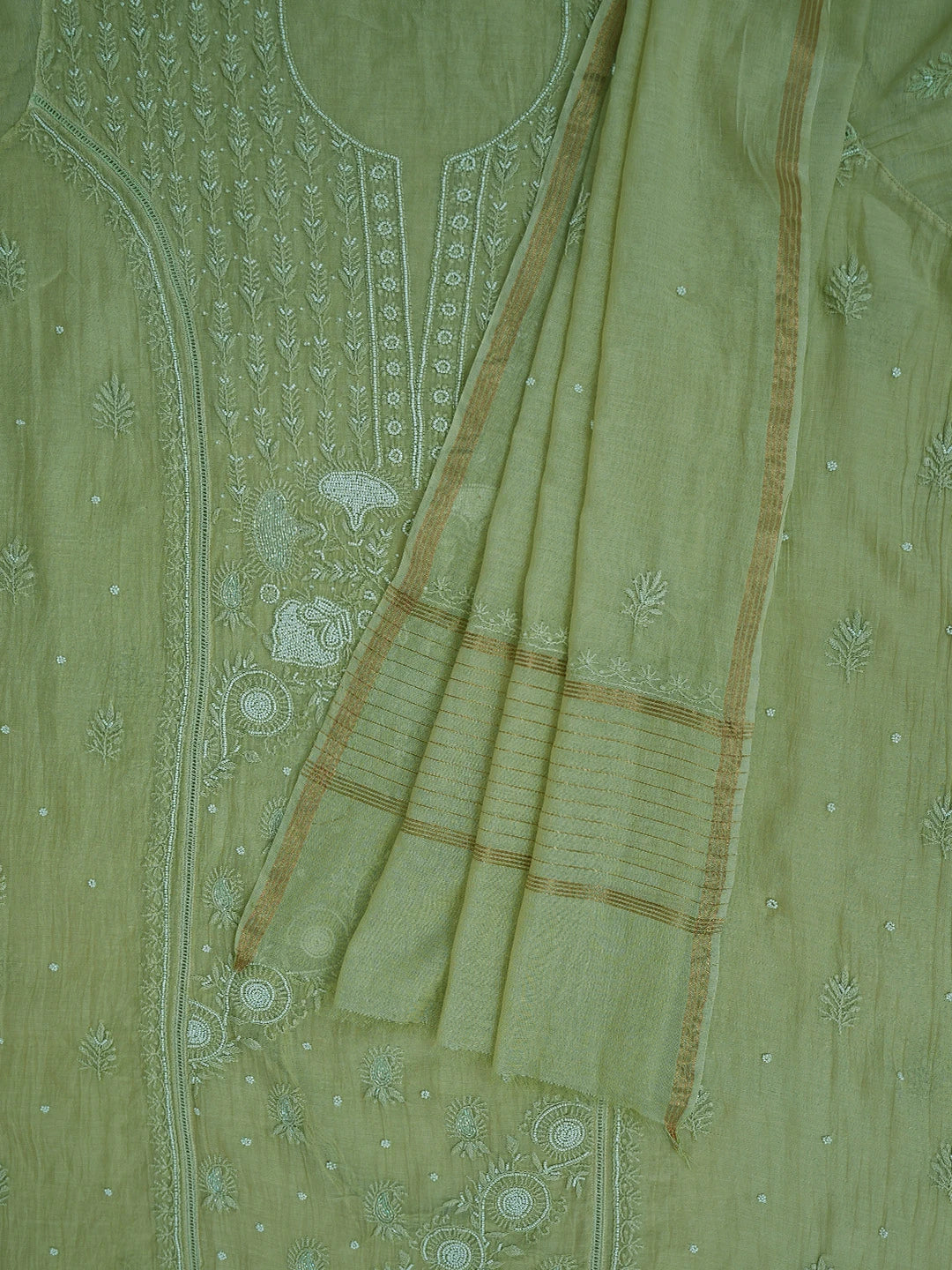 Ada Hand Embroidered Pista Green Chanderi Lucknowi Chikankari Semi-Stitched Kurta Dupatta Set With Cutdana Work 01A710901