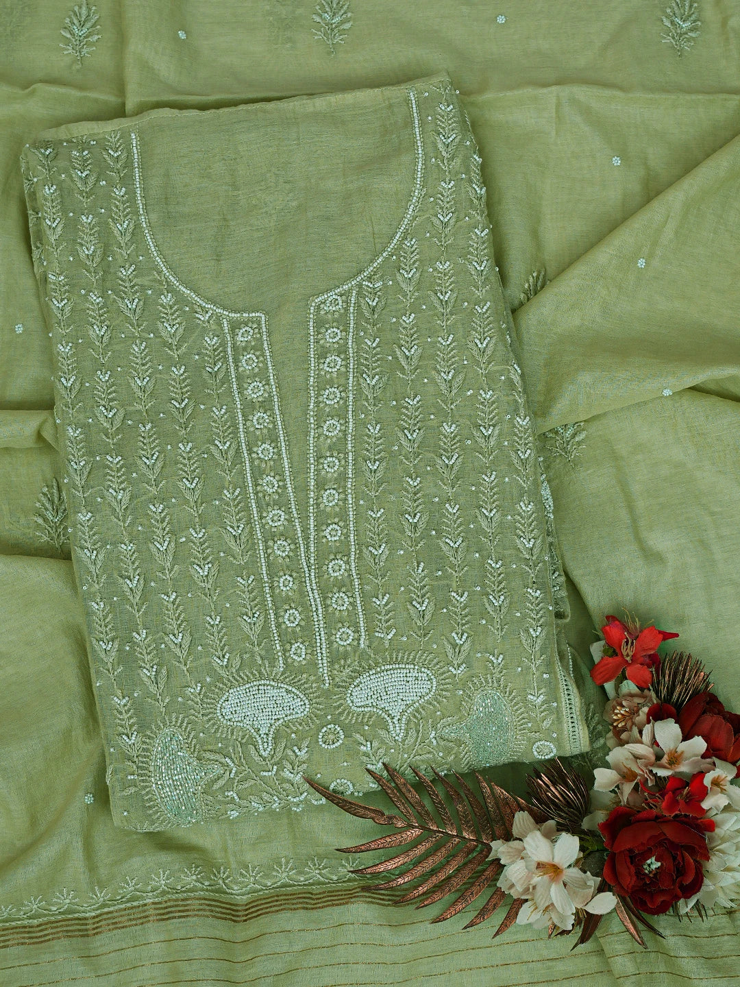 Ada Hand Embroidered Pista Green Chanderi Lucknowi Chikankari Semi-Stitched Kurta Dupatta Set With Cutdana Work 01A710901