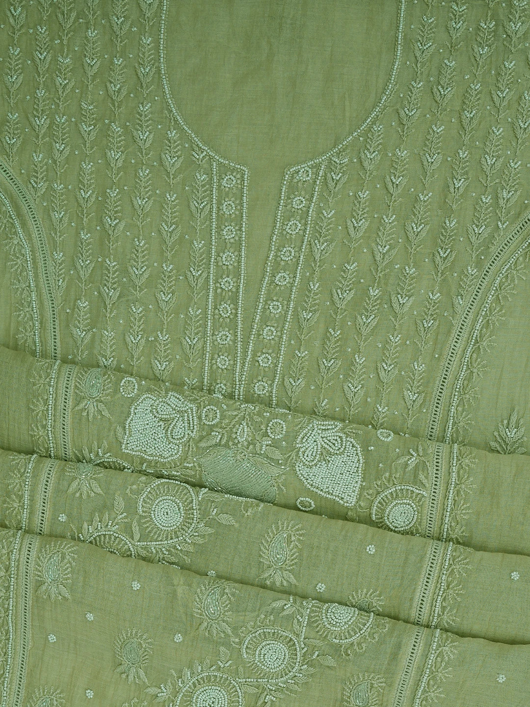 Ada Hand Embroidered Pista Green Chanderi Lucknowi Chikankari Semi-Stitched Kurta Dupatta Set With Cutdana Work 01A710901