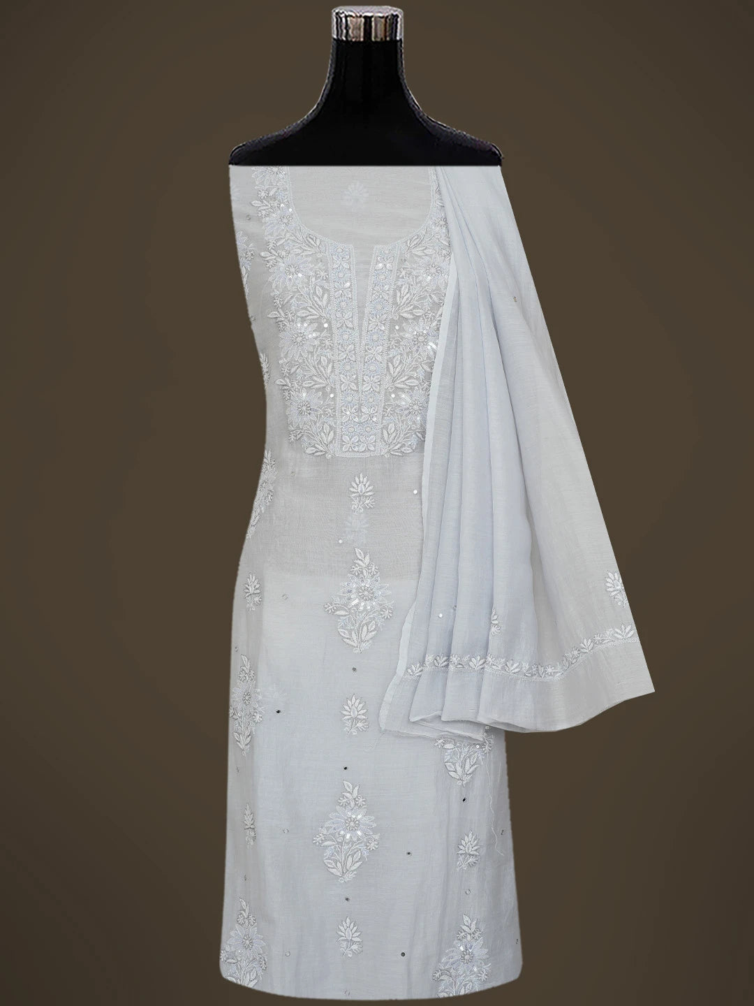 Ada Hand Embroidered Cadet Grey Chanderi Lucknowi Chikankari Unstitched Kurta Dupatta Set With Cutdana Work 01A682974