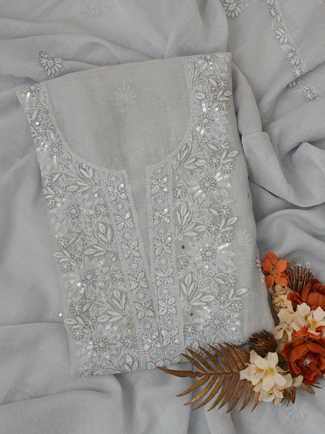 Ada Hand Embroidered Cadet Grey Chanderi Lucknowi Chikankari Unstitched Kurta Dupatta Set With Cutdana Work 01A682974