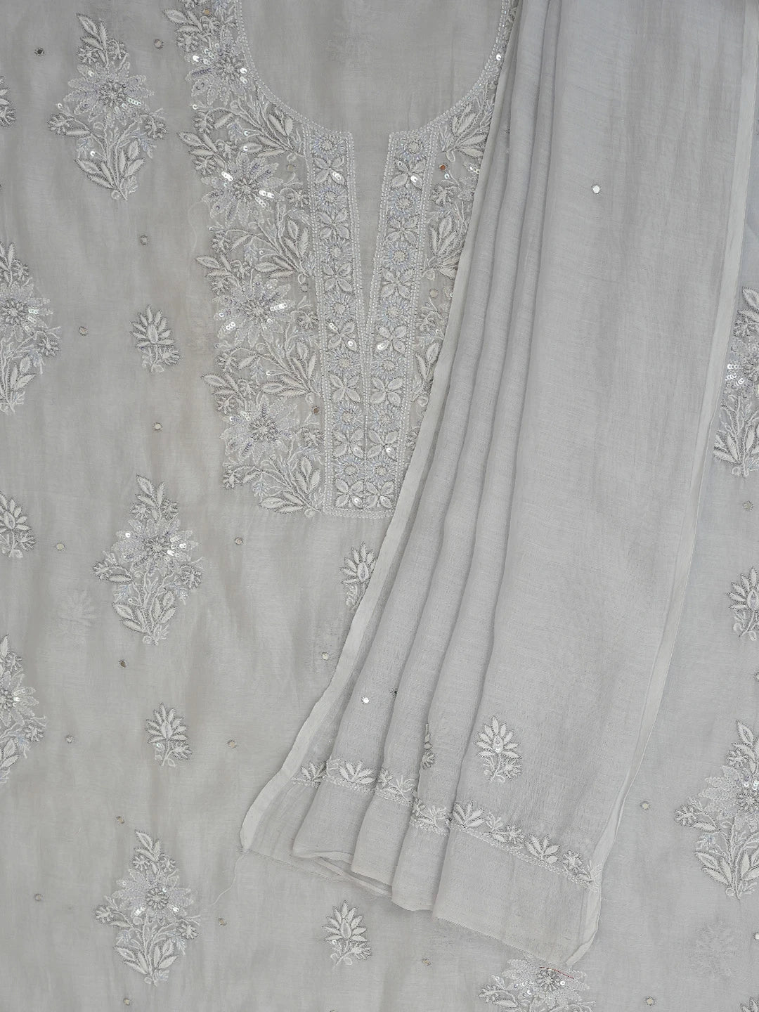 Ada Hand Embroidered Cadet Grey Chanderi Lucknowi Chikankari Unstitched Kurta Dupatta Set With Cutdana Work 01A682974