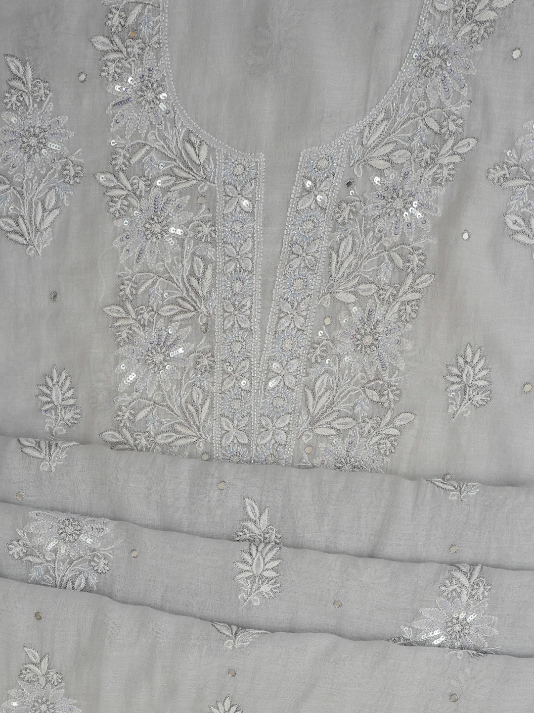 Ada Hand Embroidered Cadet Grey Chanderi Lucknowi Chikankari Unstitched Kurta Dupatta Set With Cutdana Work 01A682974