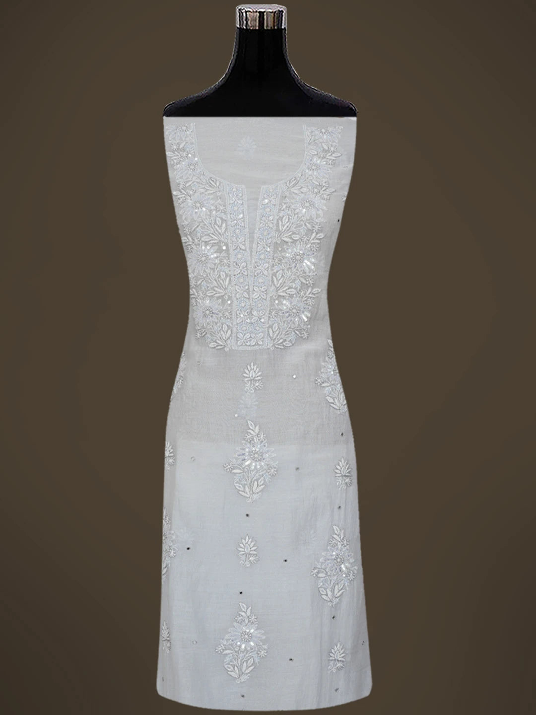 Ada Hand Embroidered Cadet Grey Chanderi Lucknowi Chikankari Unstitched Kurta Dupatta Set With Cutdana Work 01A682974