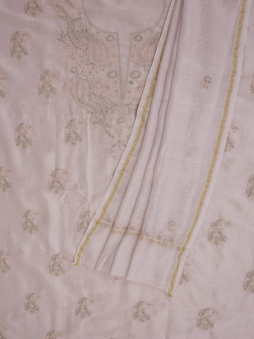Ada Hand Embroidered Lavender Chanderi Lucknowi Chikankari Unstitched Kurta Dupatta Set 01A727712