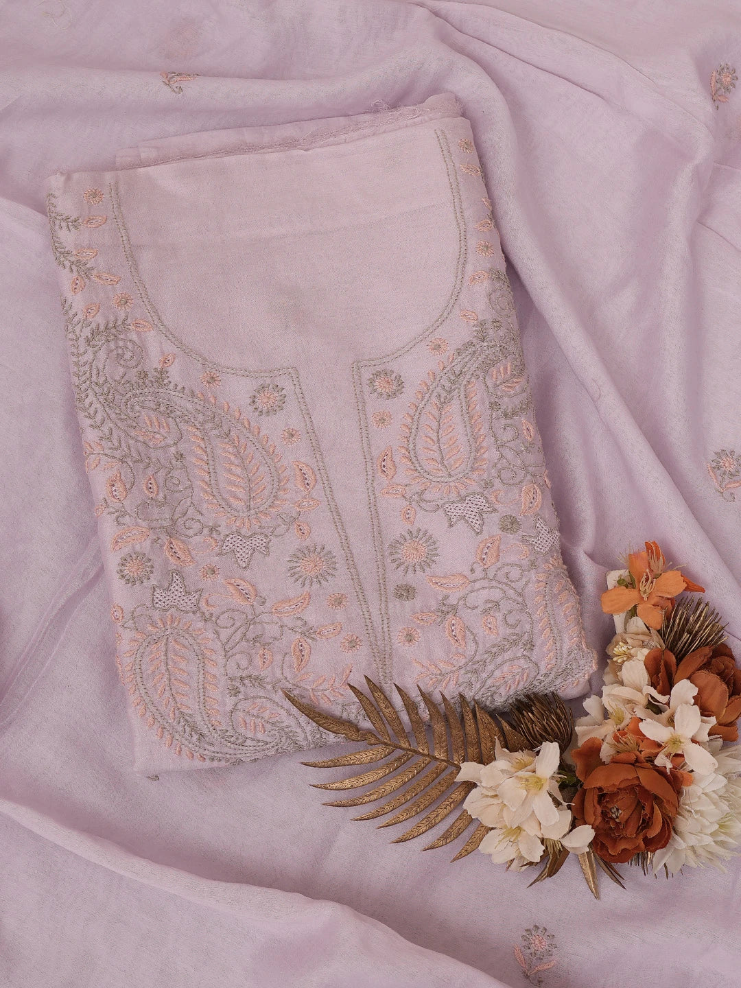 Ada Hand Embroidered Lavender Chanderi Lucknowi Chikankari Unstitched Kurta Dupatta Set 01A727712