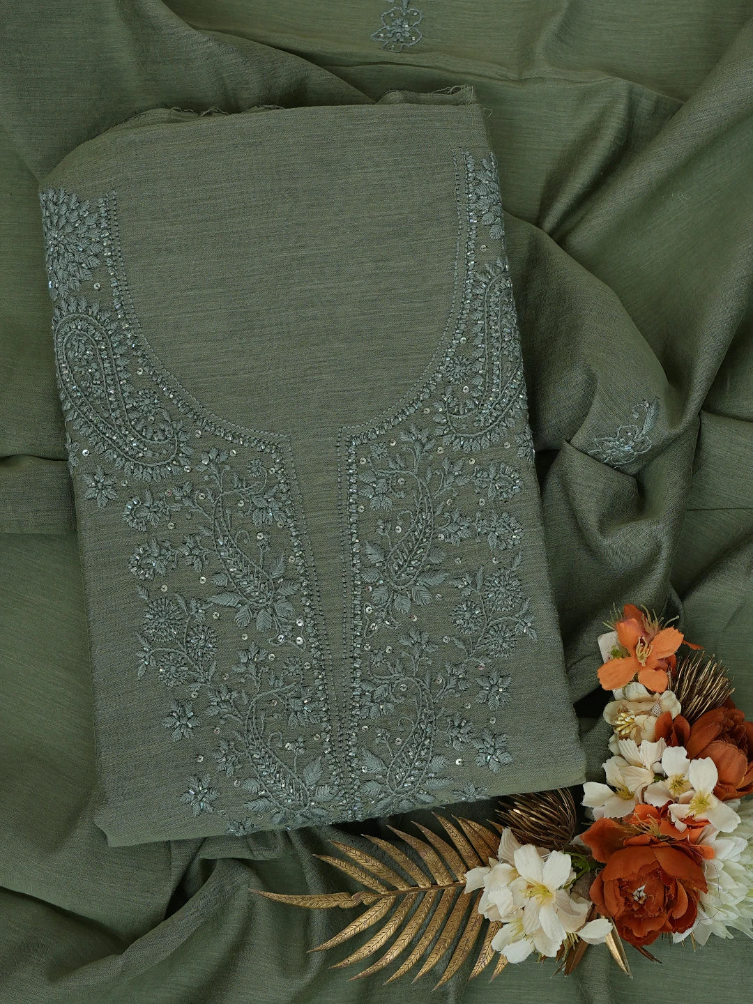 Ada Hand Embroidered Olive Green Chanderi Lucknowi Chikankari Unstitched Kurta Dupatta Set With Cutdana Work 01A737550