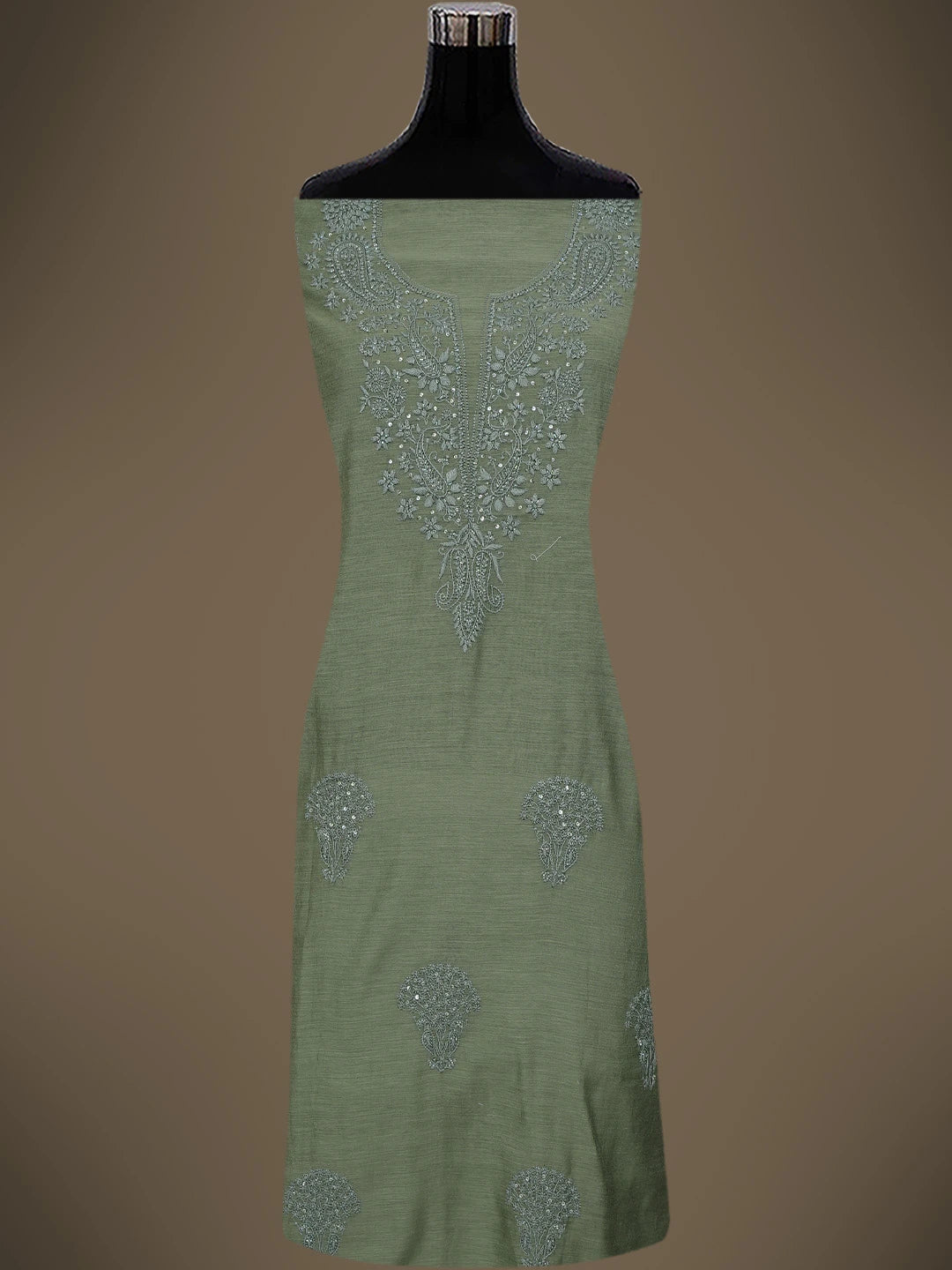 Ada Hand Embroidered Olive Green Chanderi Lucknowi Chikankari Unstitched Kurta Dupatta Set With Cutdana Work 01A737550