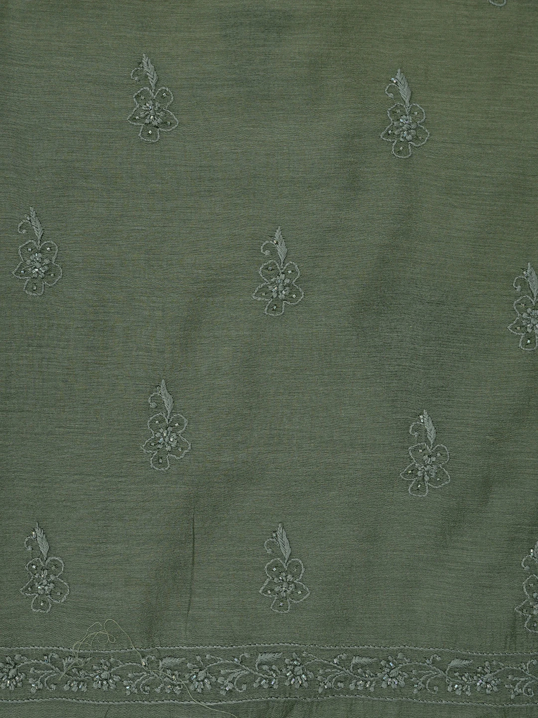 Ada Hand Embroidered Olive Green Chanderi Lucknowi Chikankari Unstitched Kurta Dupatta Set With Cutdana Work 01A737550