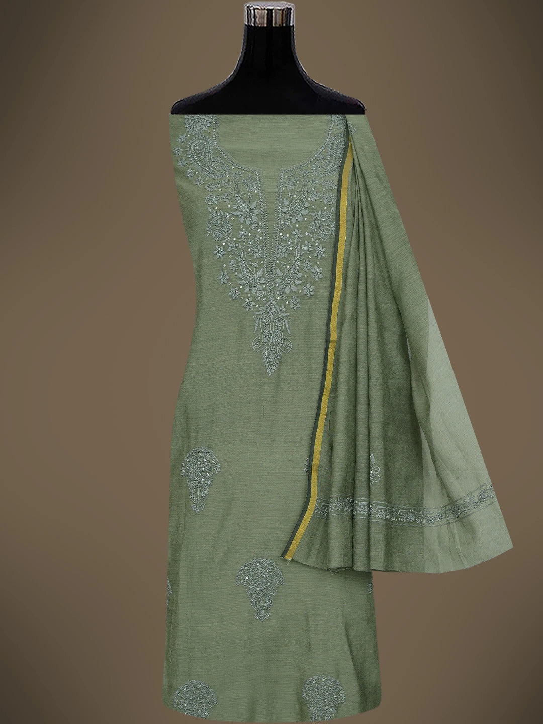 Ada Hand Embroidered Olive Green Chanderi Lucknowi Chikankari Unstitched Kurta Dupatta Set With Cutdana Work 01A737550