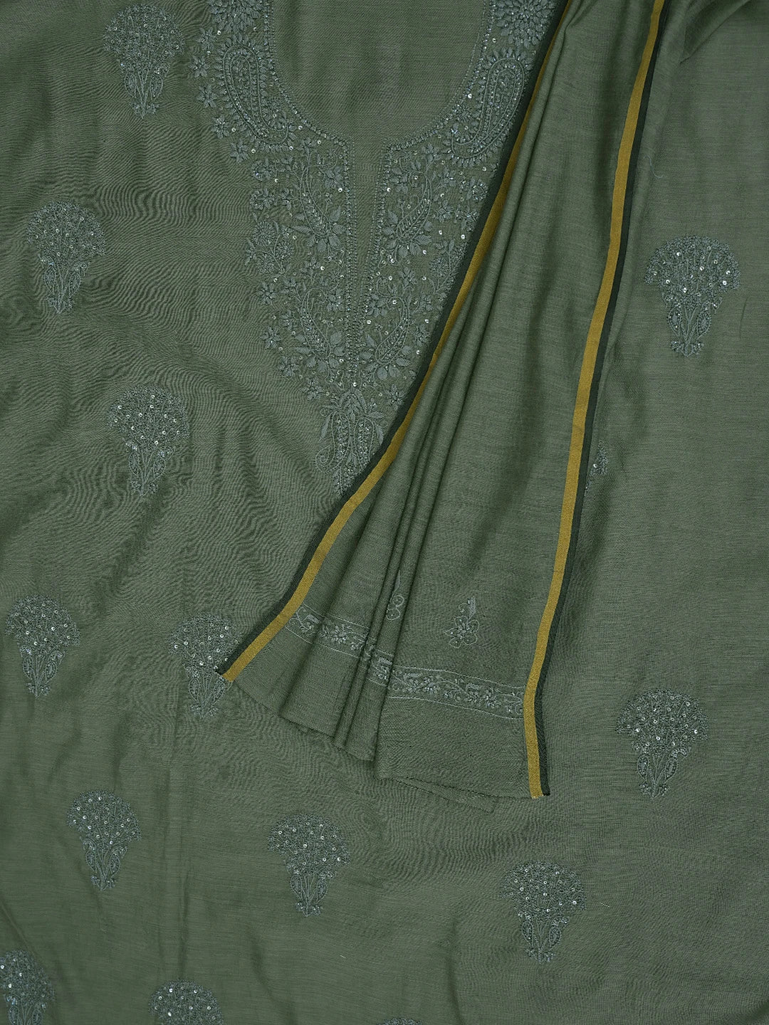 Ada Hand Embroidered Olive Green Chanderi Lucknowi Chikankari Unstitched Kurta Dupatta Set With Cutdana Work 01A737550