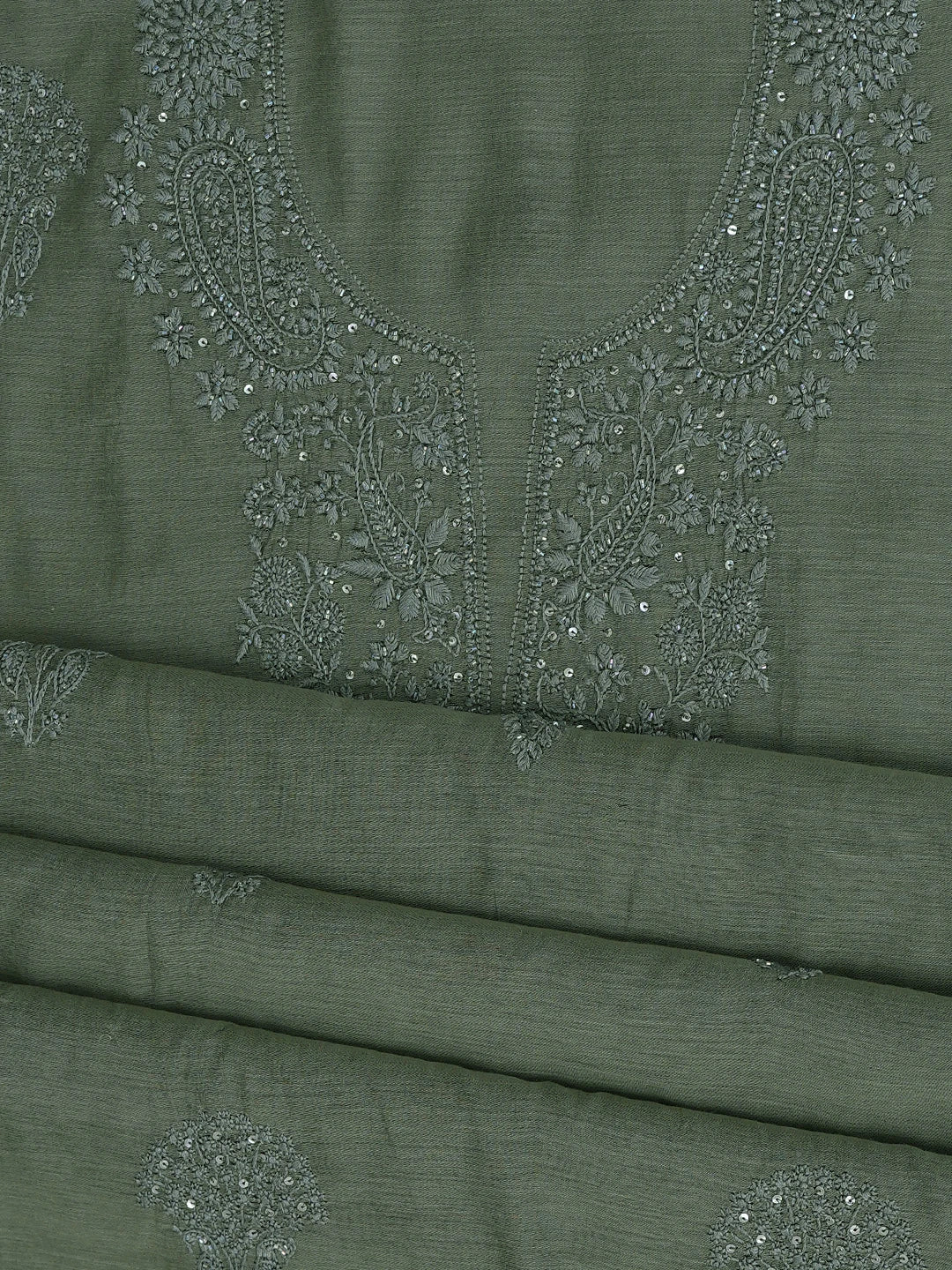 Ada Hand Embroidered Olive Green Chanderi Lucknowi Chikankari Unstitched Kurta Dupatta Set With Cutdana Work 01A737550
