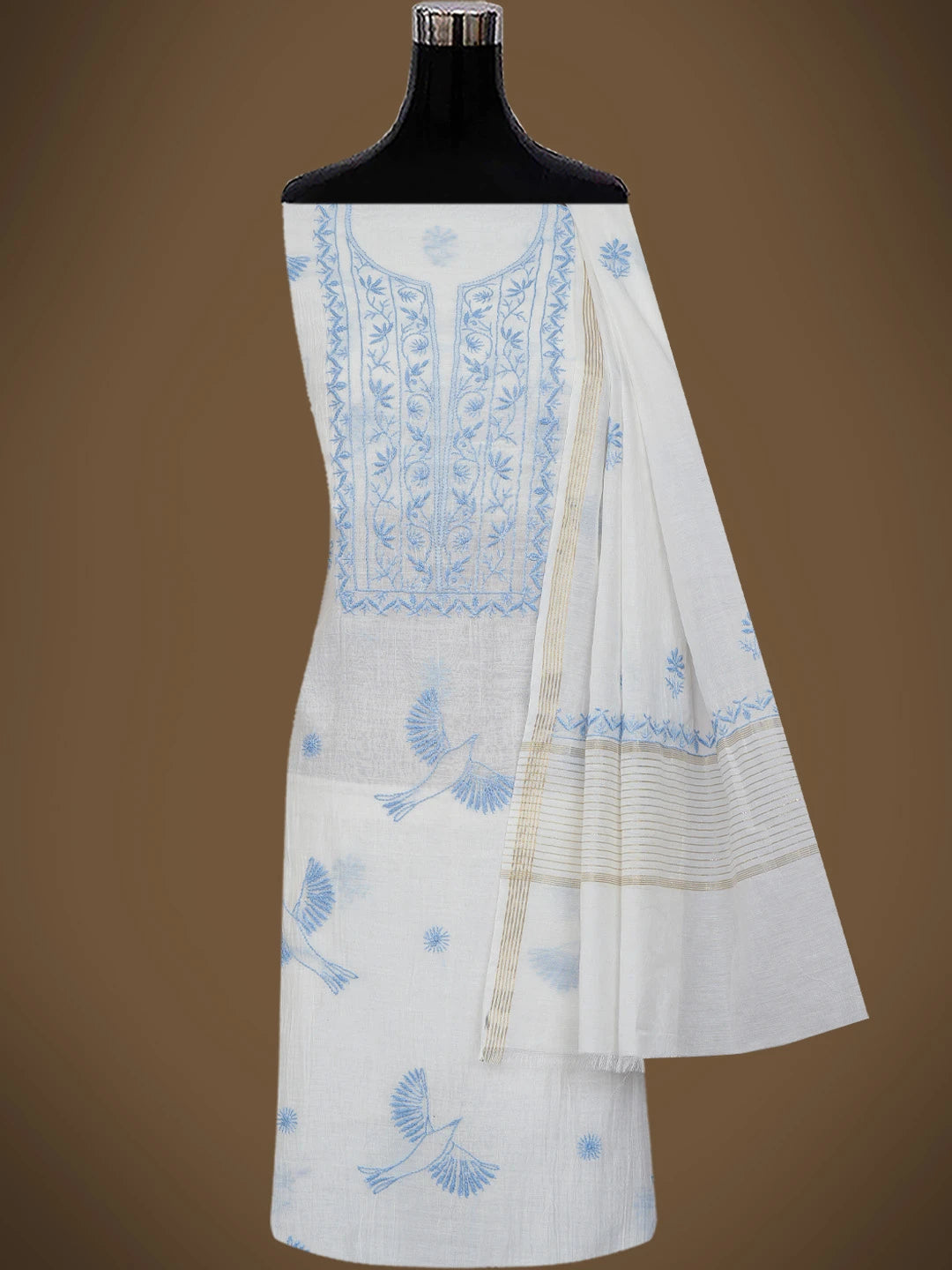 Ada Hand Embroidered Smoke White Chanderi Lucknowi Chikankari Unstitched Kurta Dupatta Set 01A750142