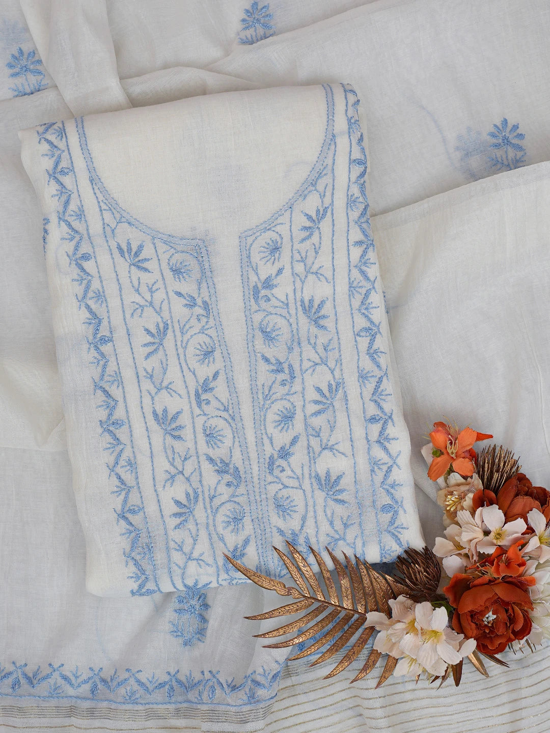 Ada Hand Embroidered Smoke White Chanderi Lucknowi Chikankari Unstitched Kurta Dupatta Set 01A750142