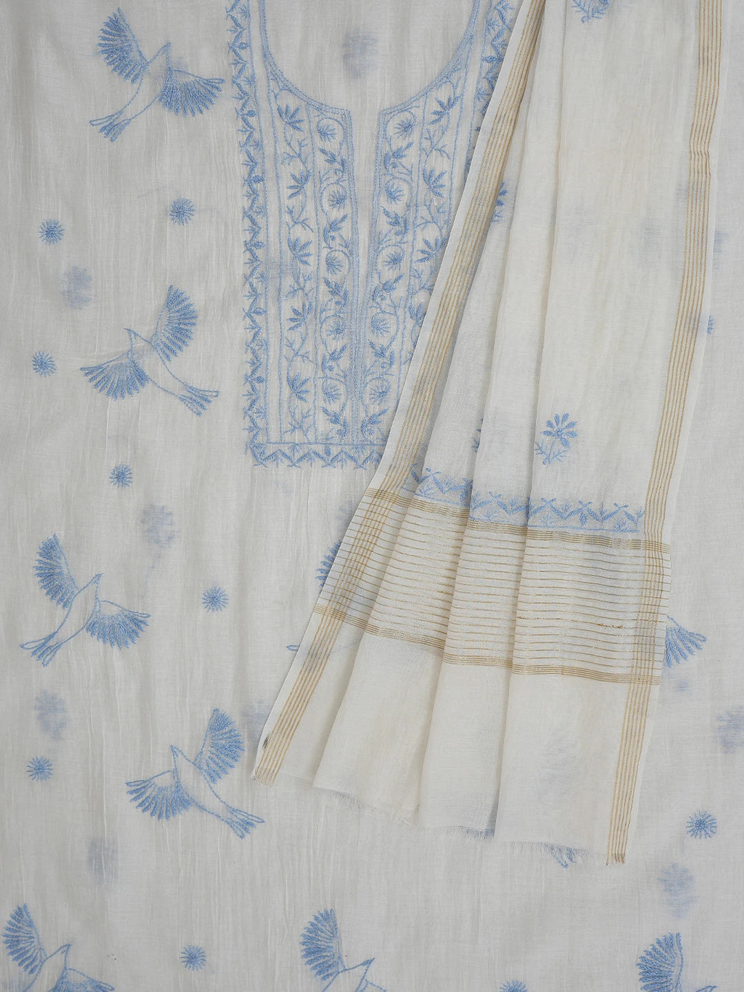 Ada Hand Embroidered Smoke White Chanderi Lucknowi Chikankari Unstitched Kurta Dupatta Set 01A750142
