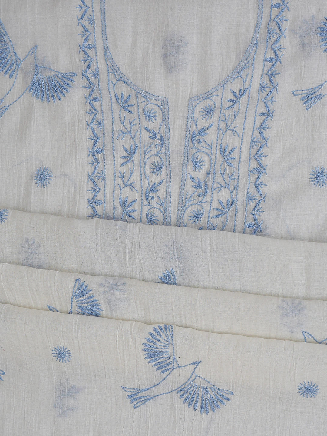 Ada Hand Embroidered Smoke White Chanderi Lucknowi Chikankari Unstitched Kurta Dupatta Set 01A750142