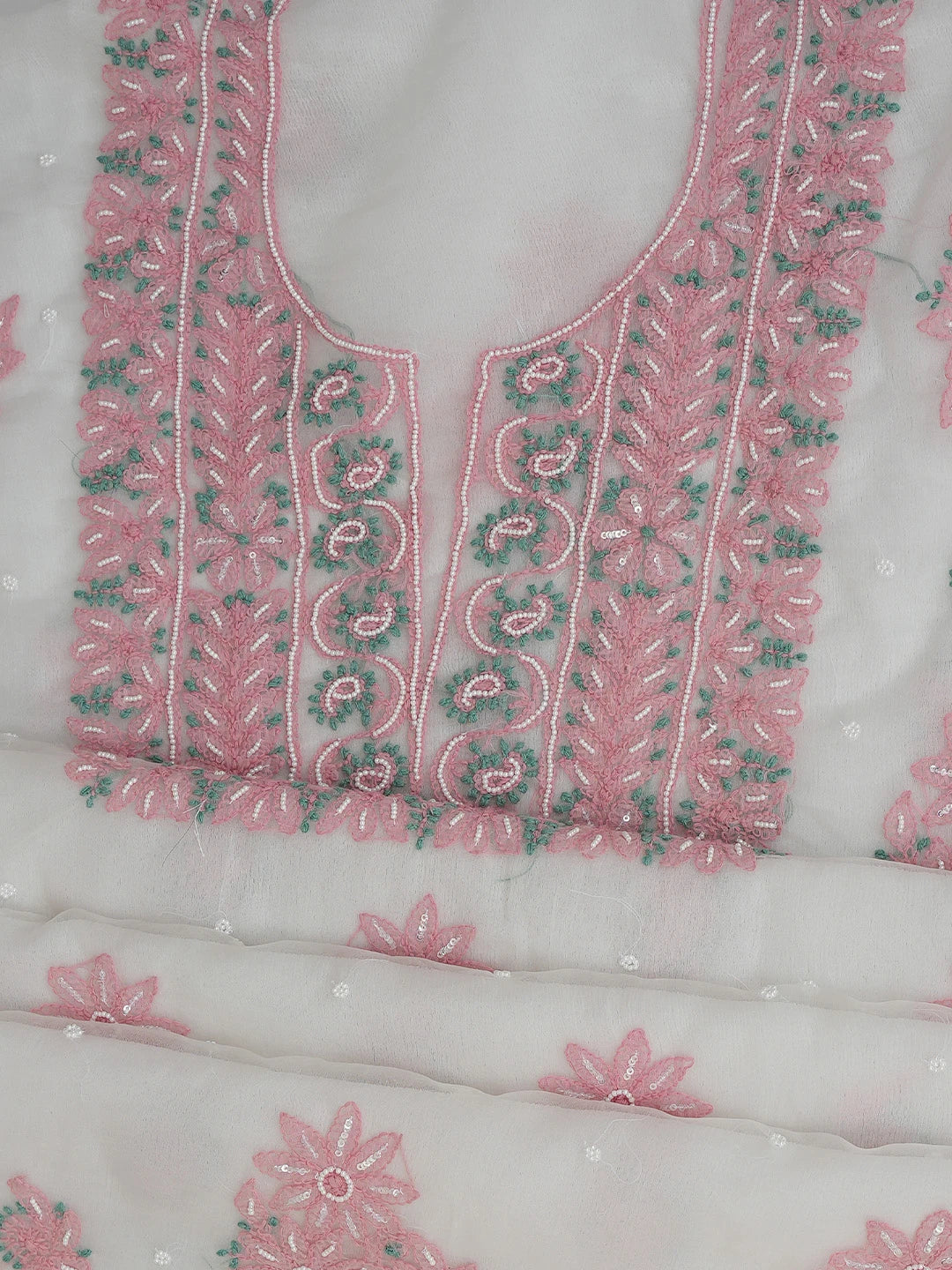 Ada Hand Embroidered White Organza Lucknowi Chikankari Unstitched Kurta Dupatta Set With Pearl Work 01A745042