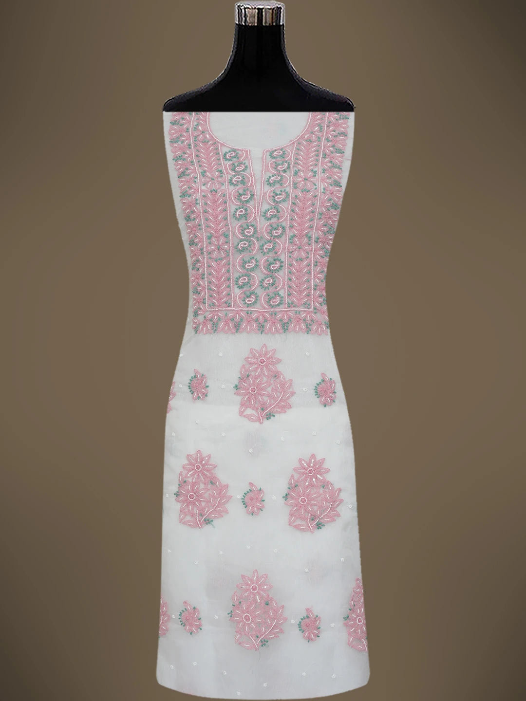 Ada Hand Embroidered White Organza Lucknowi Chikankari Unstitched Kurta Dupatta Set With Pearl Work 01A745042