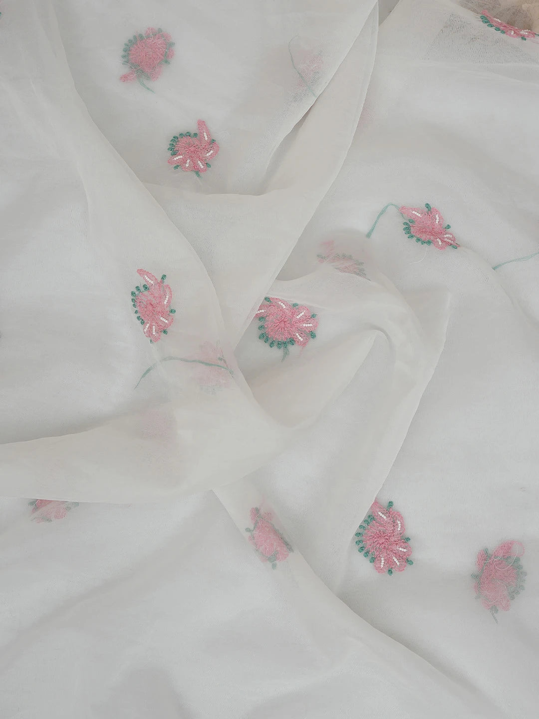 Ada Hand Embroidered White Organza Lucknowi Chikankari Unstitched Kurta Dupatta Set With Pearl Work 01A745042