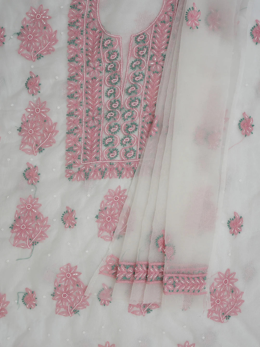 Ada Hand Embroidered White Organza Lucknowi Chikankari Unstitched Kurta Dupatta Set With Pearl Work 01A745042