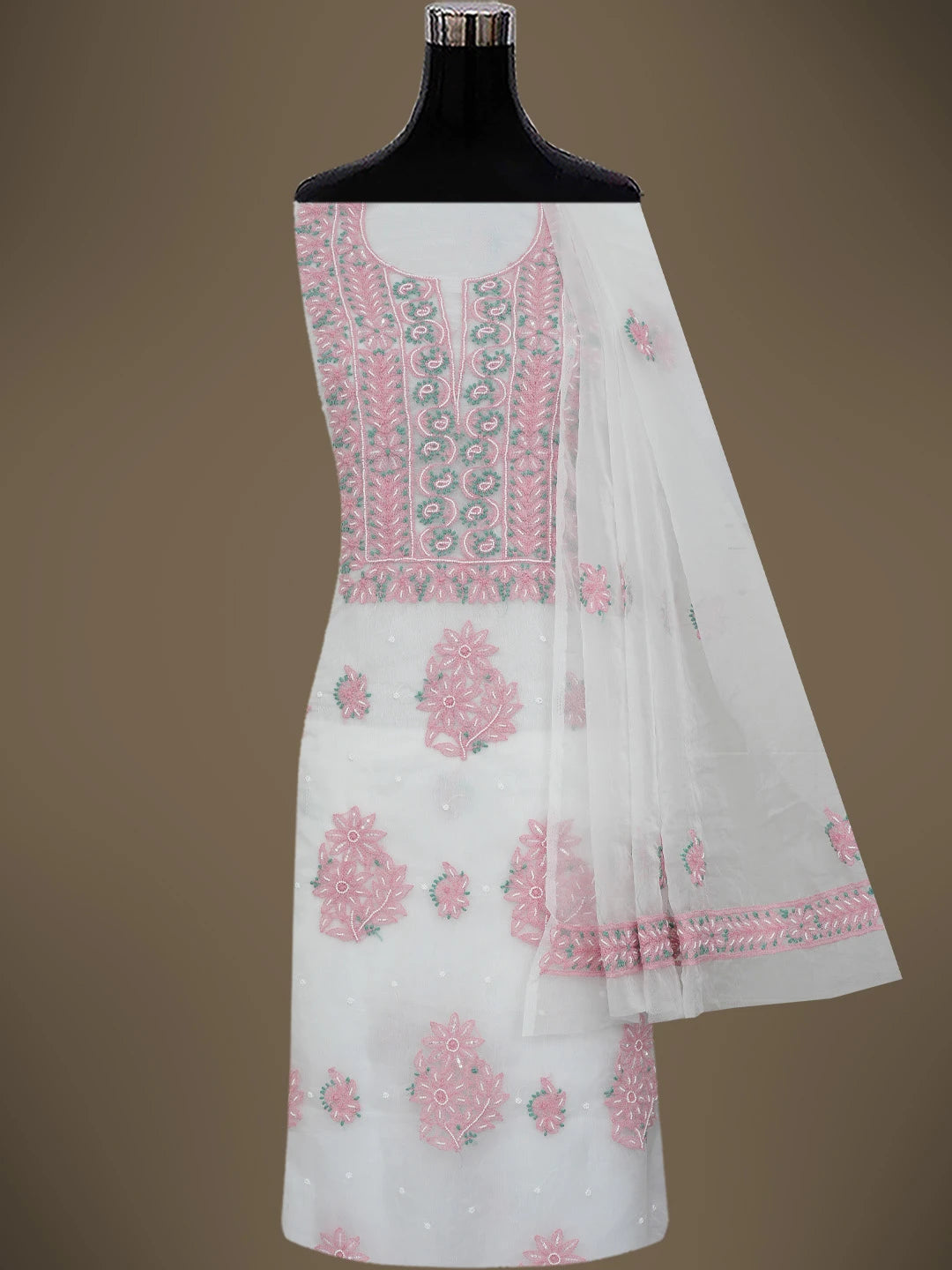 Ada Hand Embroidered White Organza Lucknowi Chikankari Unstitched Kurta Dupatta Set With Pearl Work 01A745042