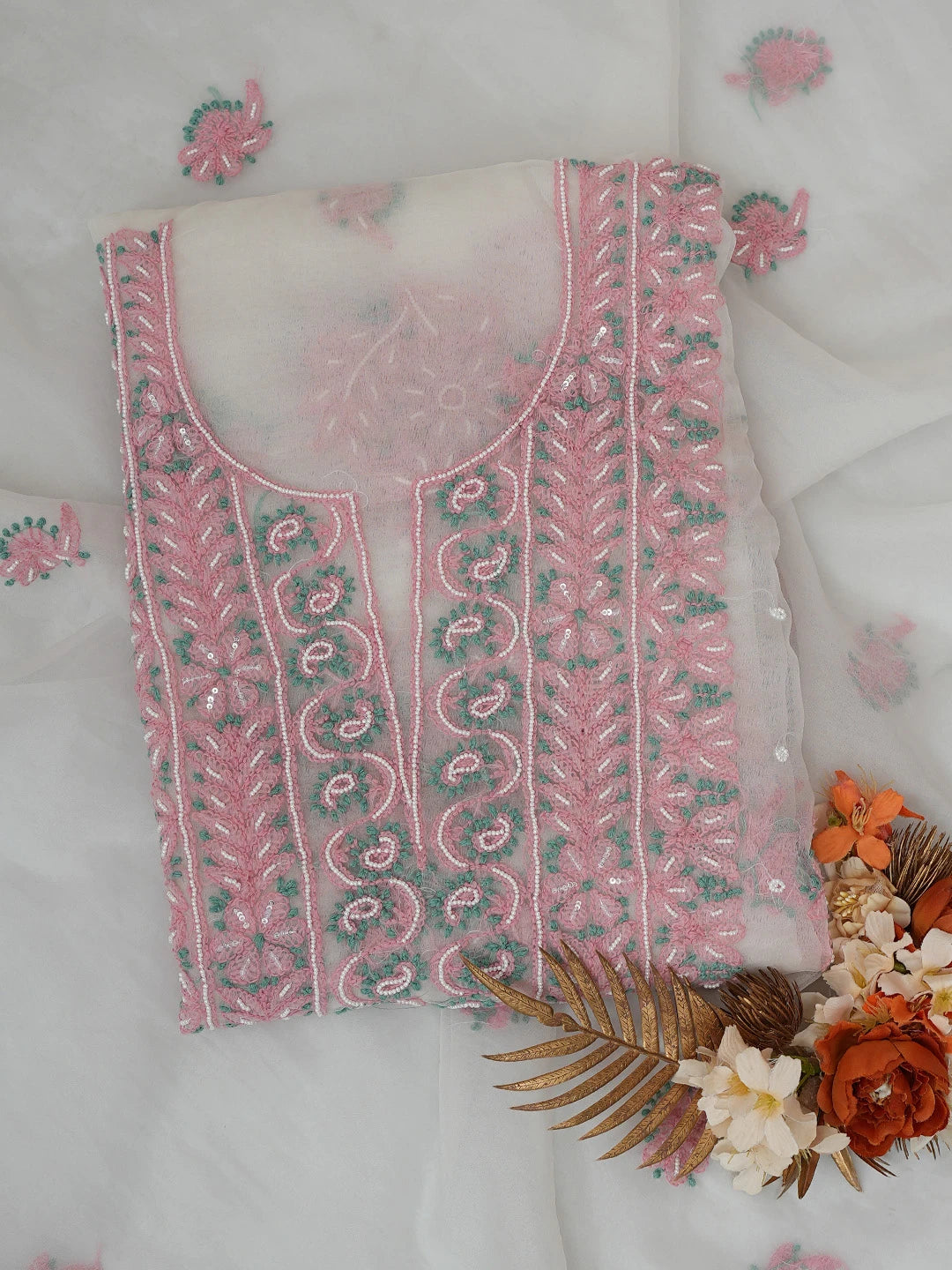 Ada Hand Embroidered White Organza Lucknowi Chikankari Unstitched Kurta Dupatta Set With Pearl Work 01A745042