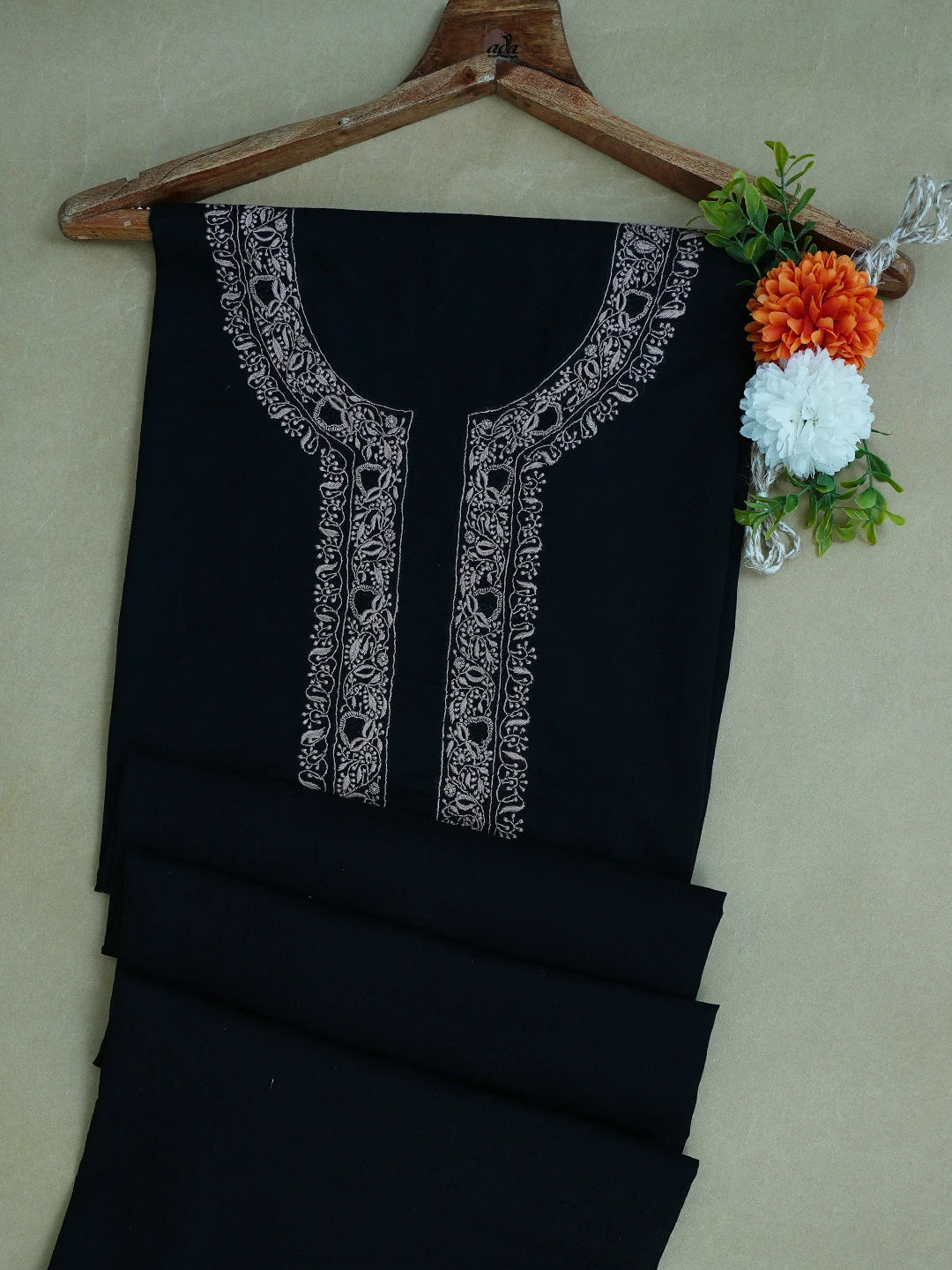 Ada Hand Embroidered Black Cotton Lucknowi Chikankari Unstitched Men's Kurta Piece 01A651937