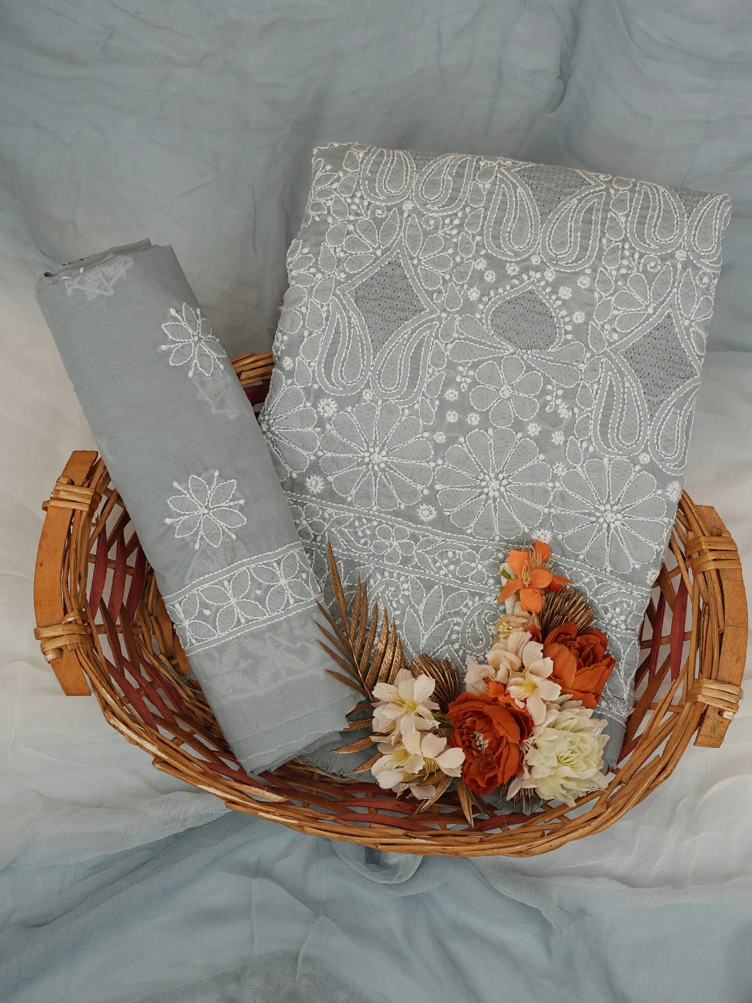 Ada Hand Embroidered Grey Cotton Lucknowi Chikankari Unstitched Suit Piece 01A723968