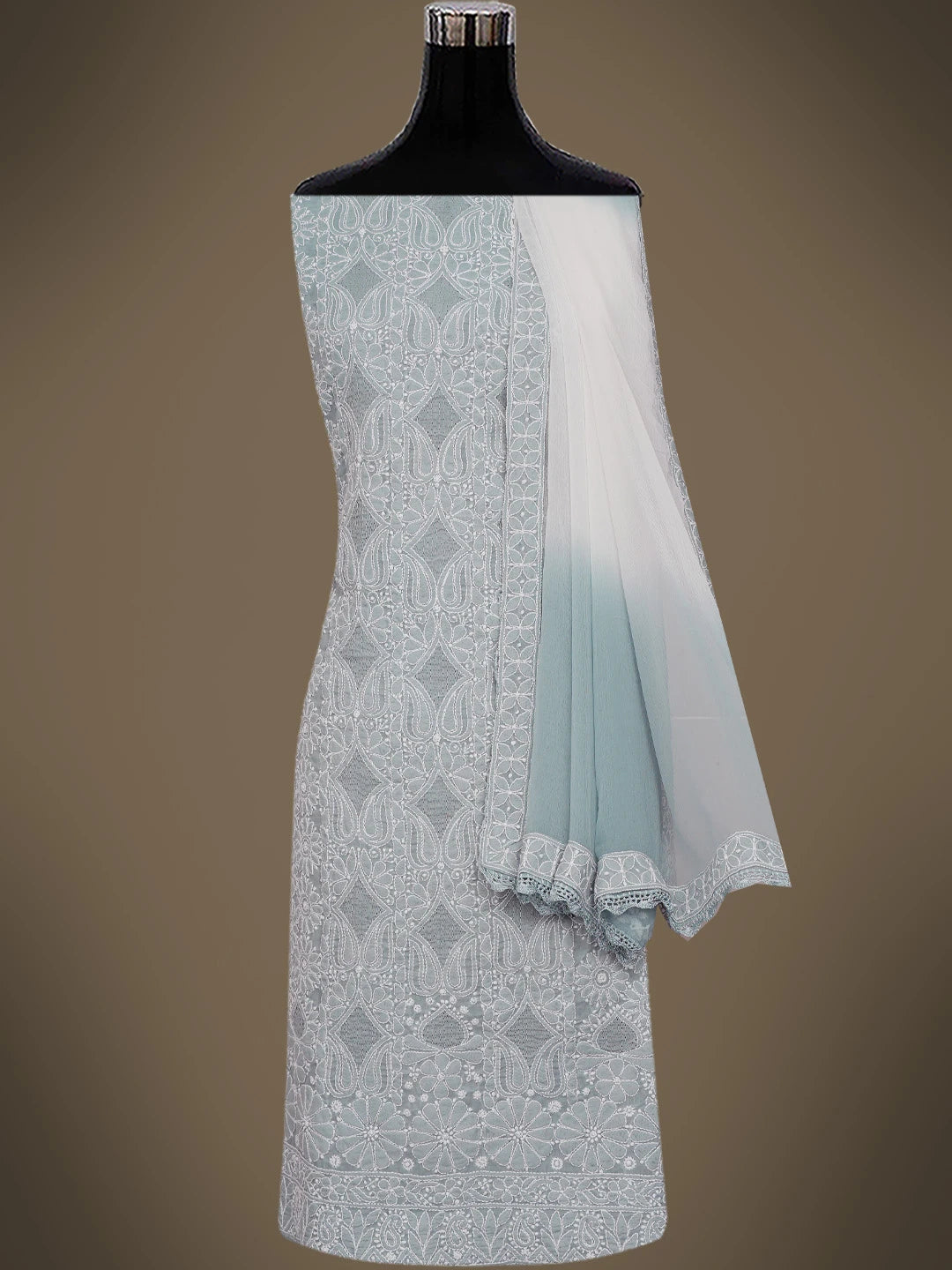 Ada Hand Embroidered Grey Cotton Lucknowi Chikankari Unstitched Suit Piece 01A723968