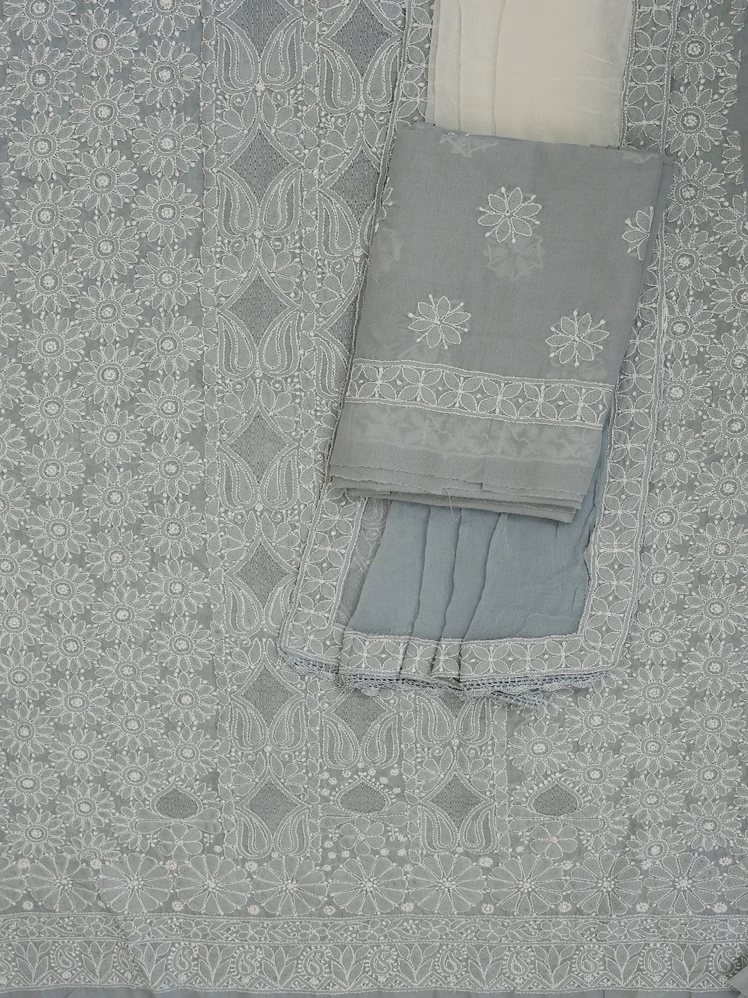 Ada Hand Embroidered Grey Cotton Lucknowi Chikankari Unstitched Suit Piece 01A723968