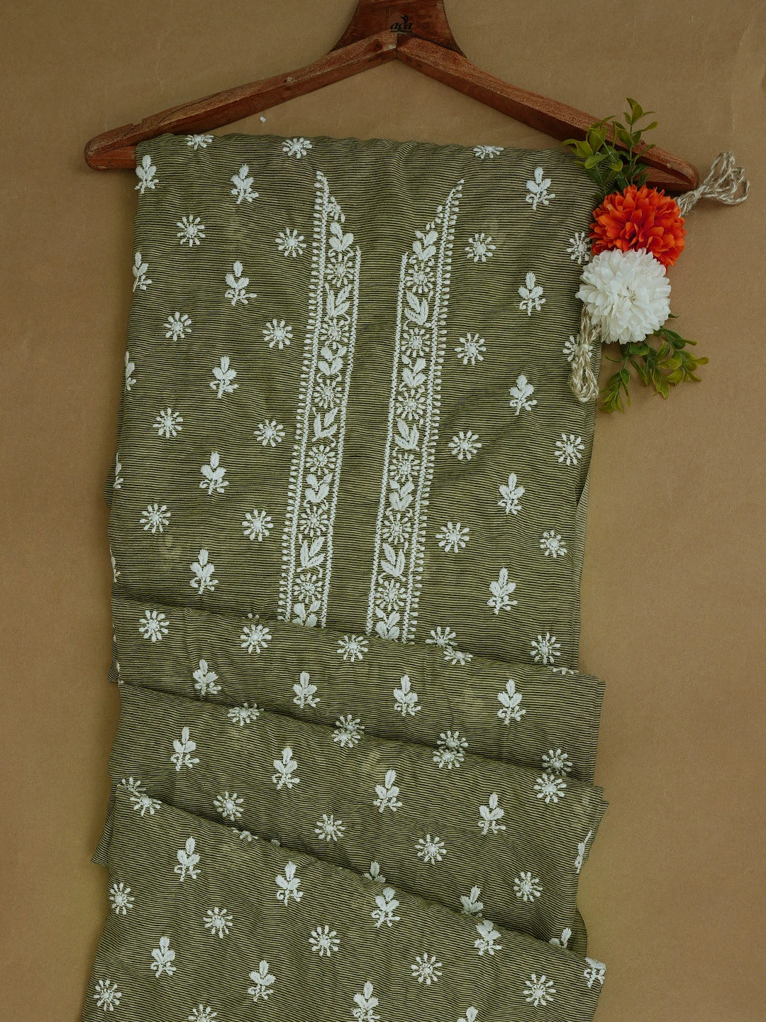 Ada Hand Embroidered Olive Green Chanderi Lucknowi Chikankari Unstitched Men's Kurta Piece 01A708512