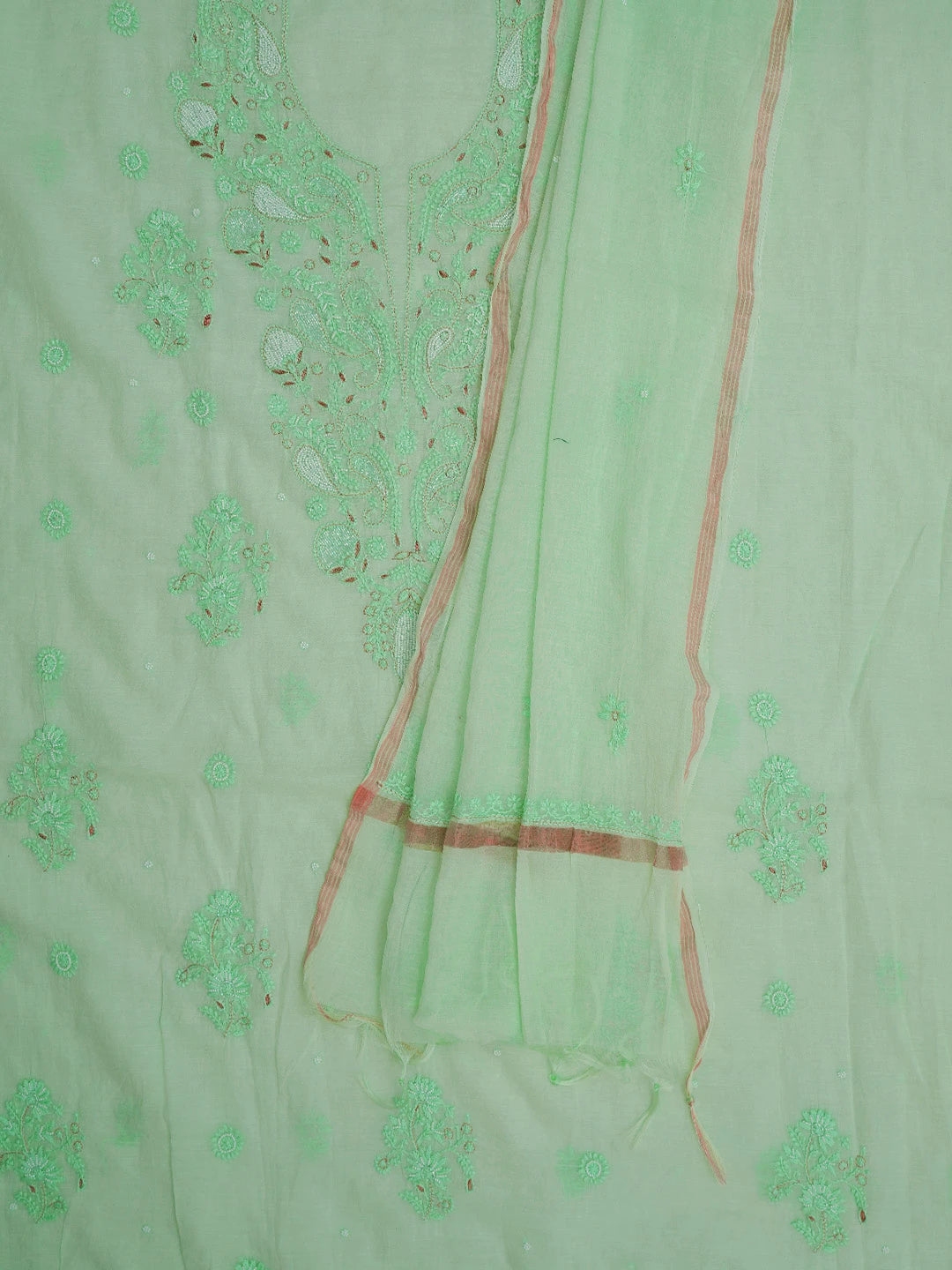 Ada Hand Embroidered Sea Green Chanderi Lucknowi Chikankari Unstitched Kurta Dupatta Set With Pearl Work 01A687559