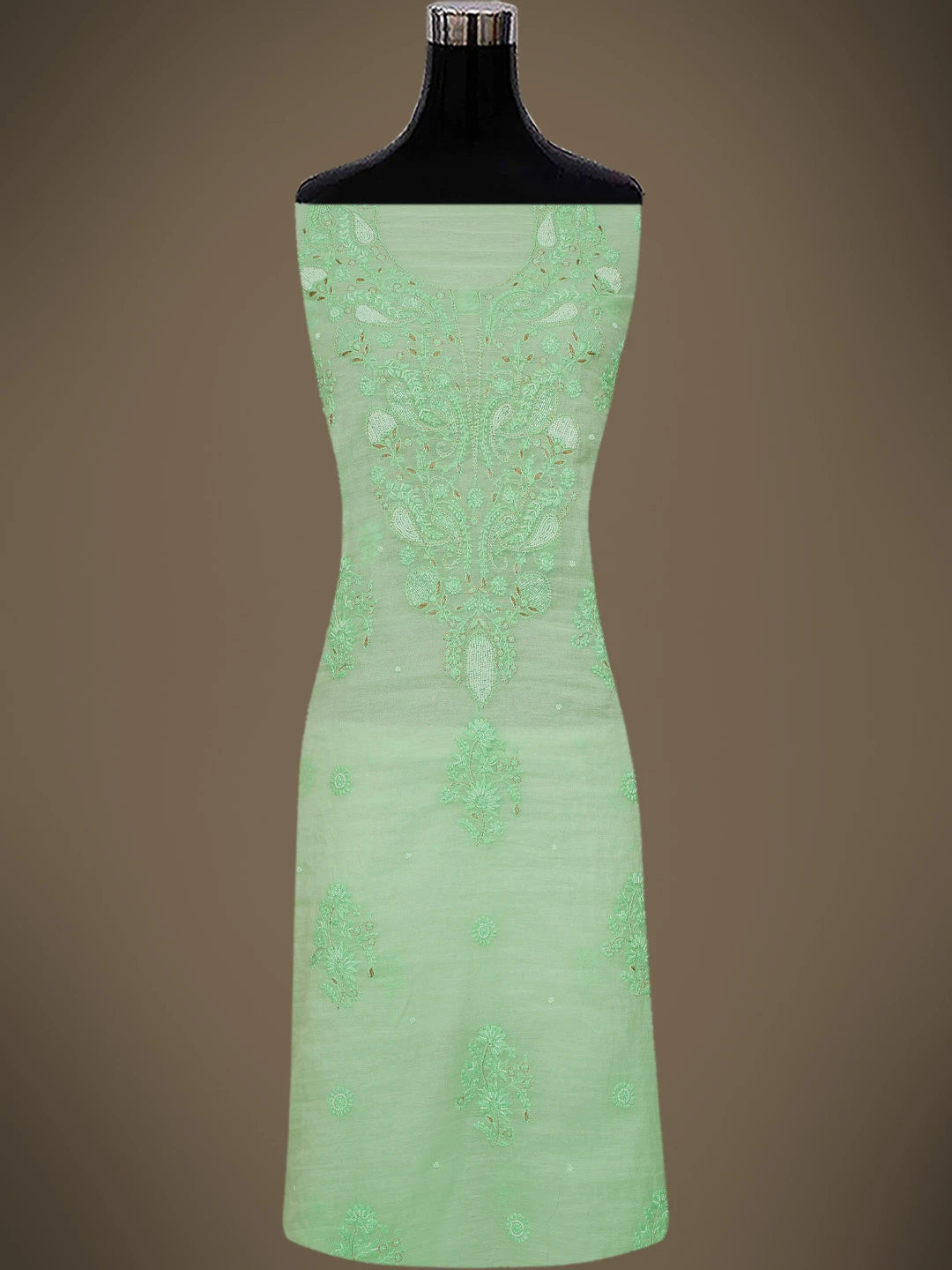 Ada Hand Embroidered Sea Green Chanderi Lucknowi Chikankari Unstitched Kurta Dupatta Set With Pearl Work 01A687559
