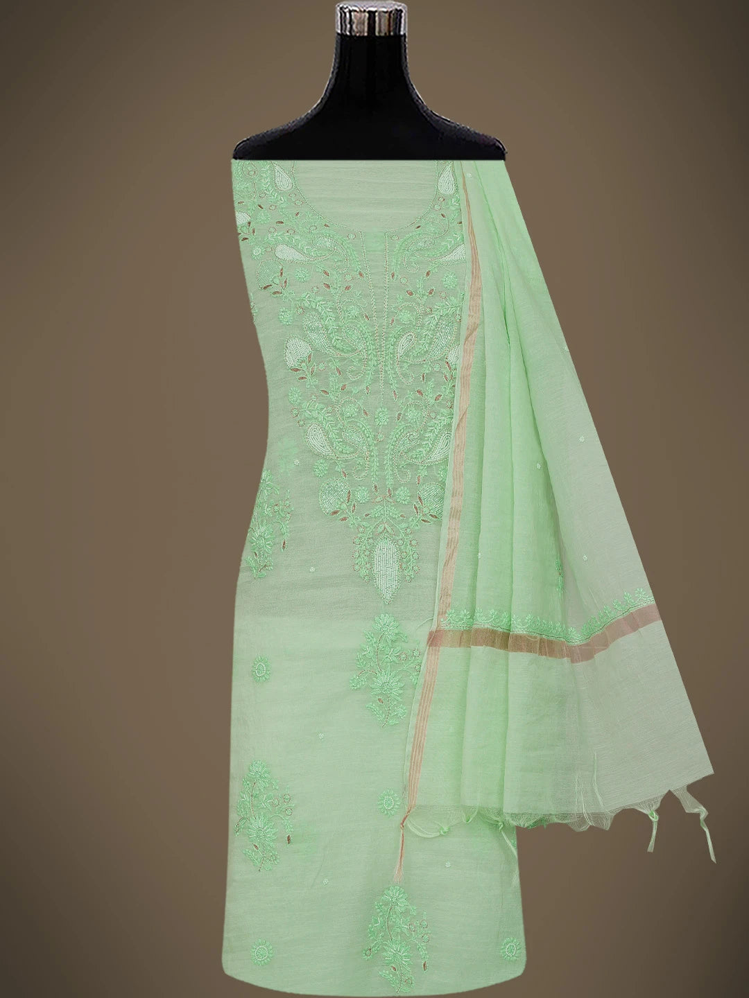 Ada Hand Embroidered Sea Green Chanderi Lucknowi Chikankari Unstitched Kurta Dupatta Set With Pearl Work 01A687559