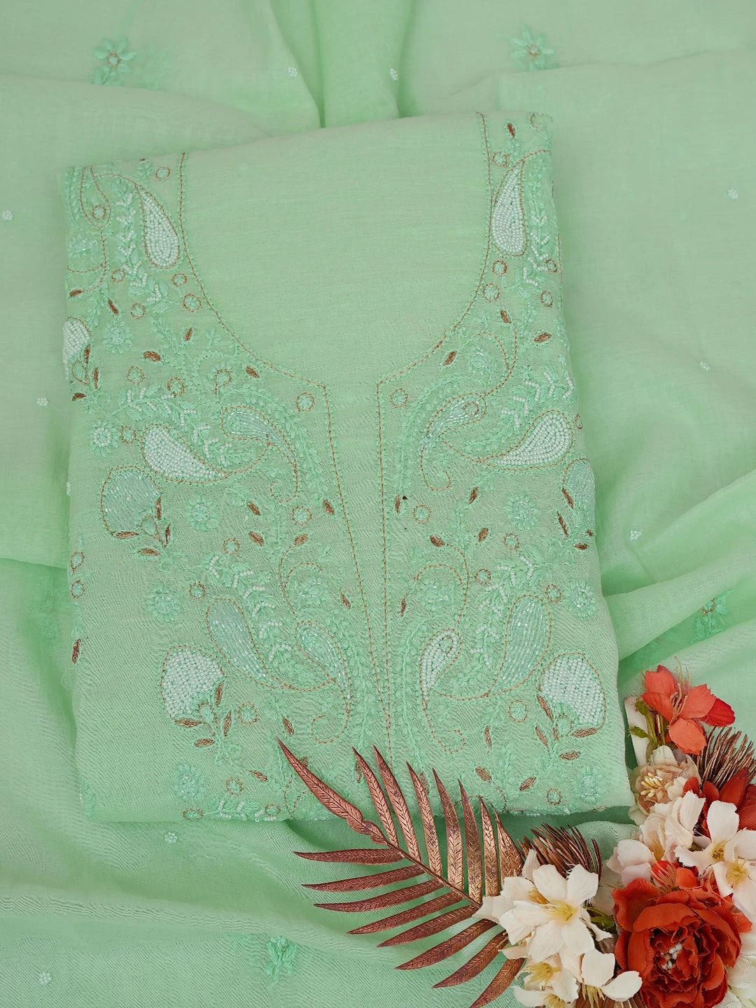 Ada Hand Embroidered Sea Green Chanderi Lucknowi Chikankari Unstitched Kurta Dupatta Set With Pearl Work 01A687559