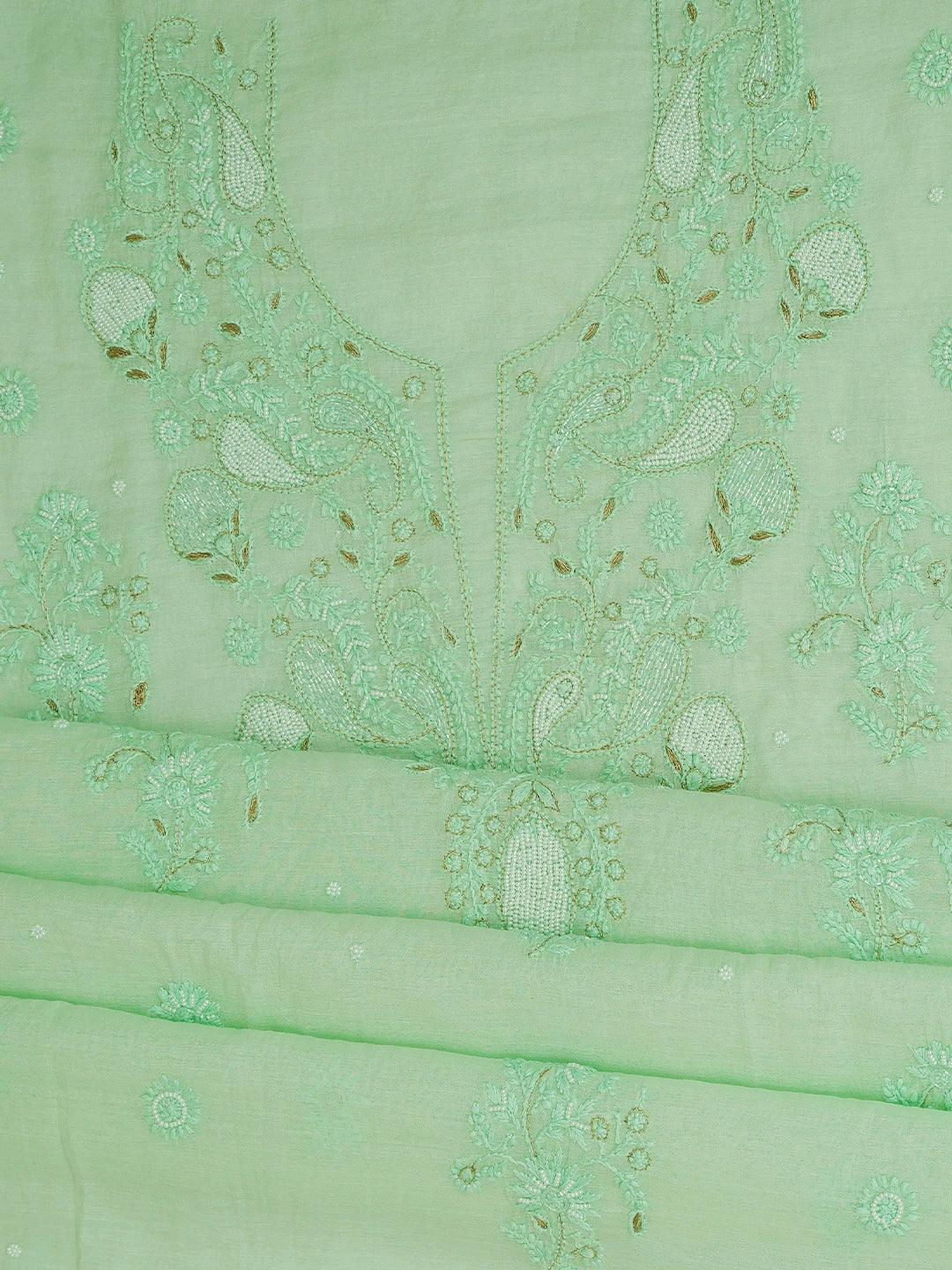 Ada Hand Embroidered Sea Green Chanderi Lucknowi Chikankari Unstitched Kurta Dupatta Set With Pearl Work 01A687559