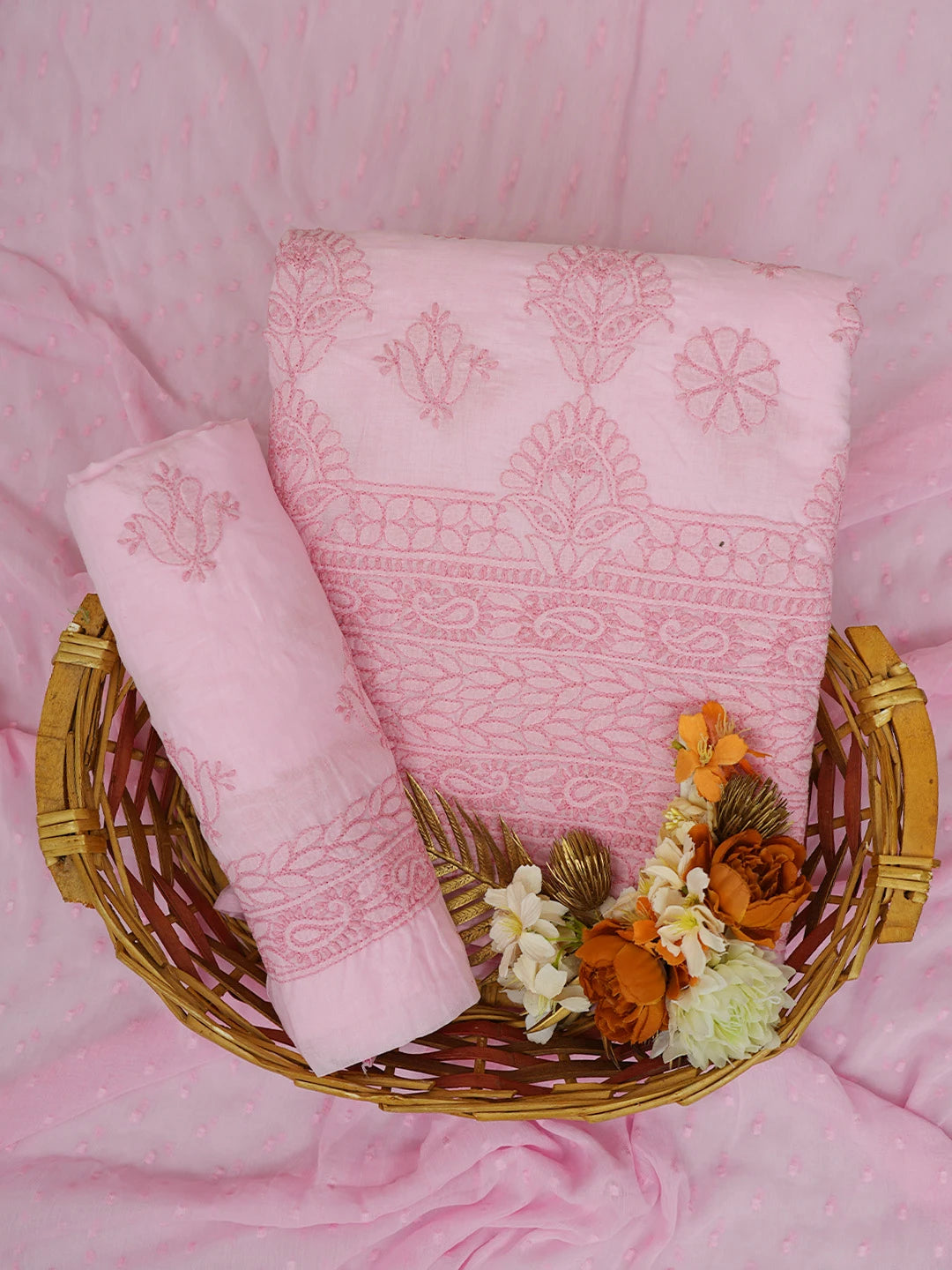 Ada Hand Embroidered Pink Cotton Lucknowi Chikankari Unstitched Suit Piece 01A742510