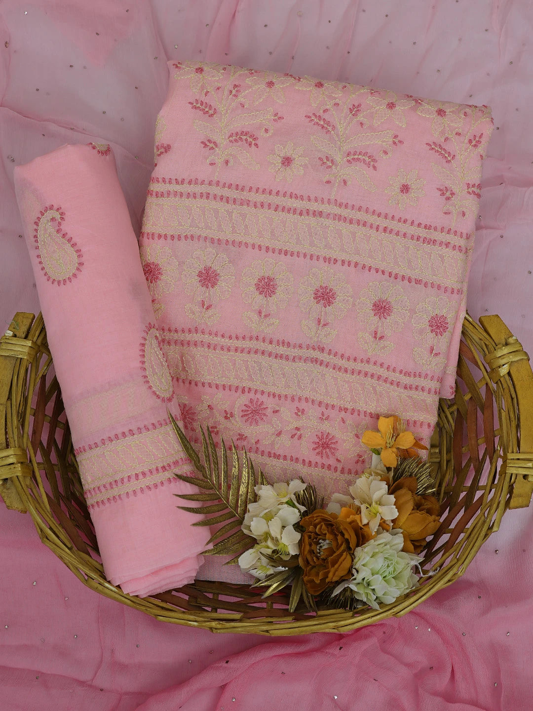 Ada Hand Embroidered Pink Cotton Lucknowi Chikankari Unstitched Suit Piece With Mukaish Work 01A736061