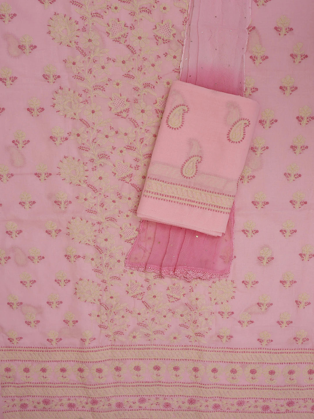 Ada Hand Embroidered Pink Cotton Lucknowi Chikankari Unstitched Suit Piece With Mukaish Work 01A736061