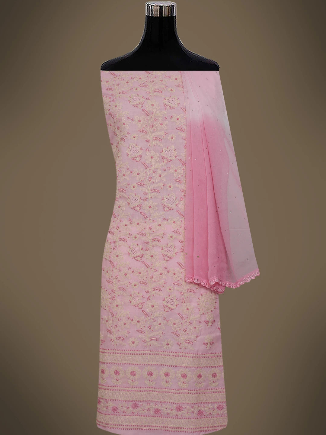 Ada Hand Embroidered Pink Cotton Lucknowi Chikankari Unstitched Suit Piece With Mukaish Work 01A736061