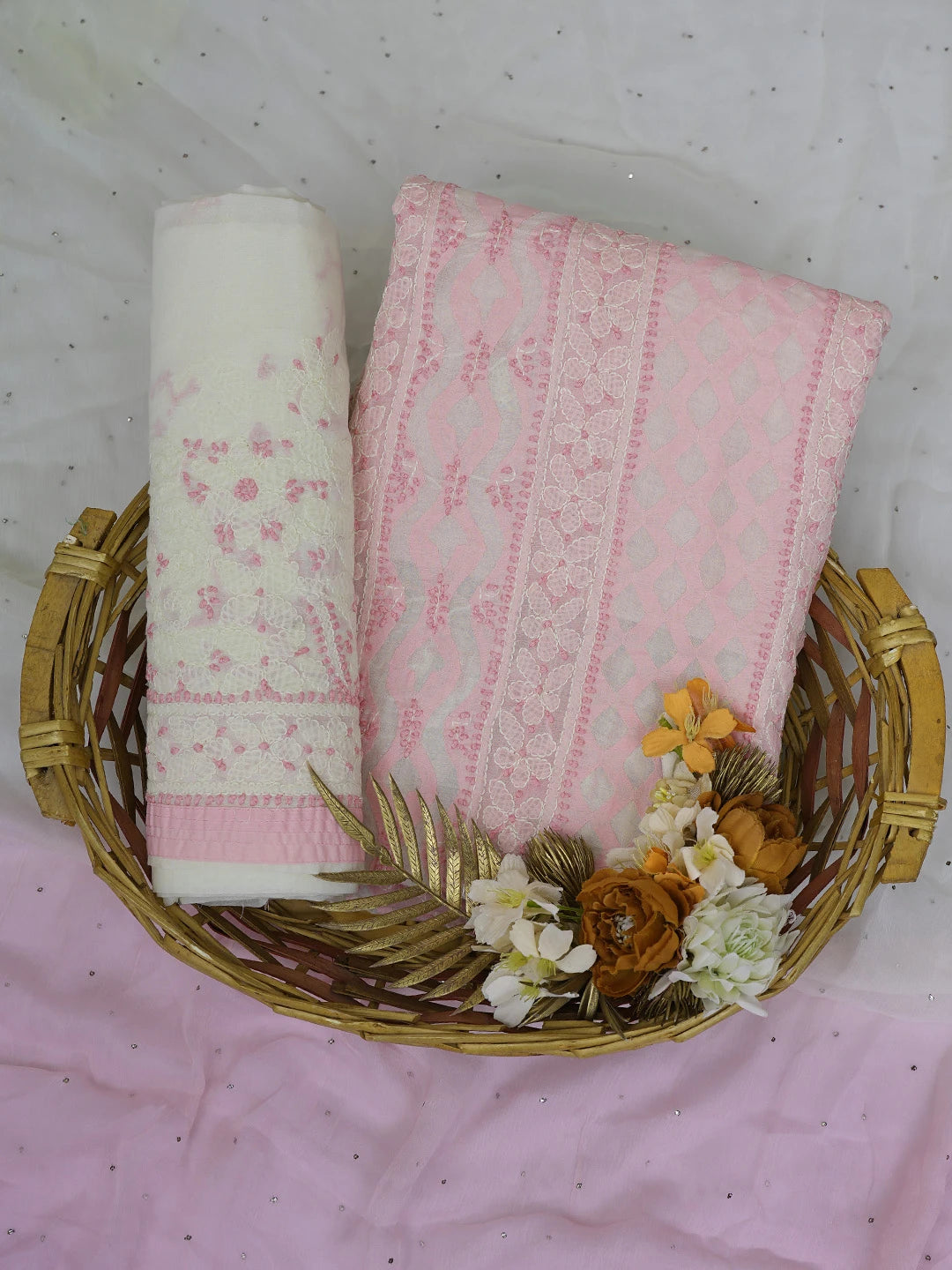 Ada Hand Embroidered Pink Cotton Lucknowi Chikankari Unstitched Suit Piece With Muqaish Work 01A742020