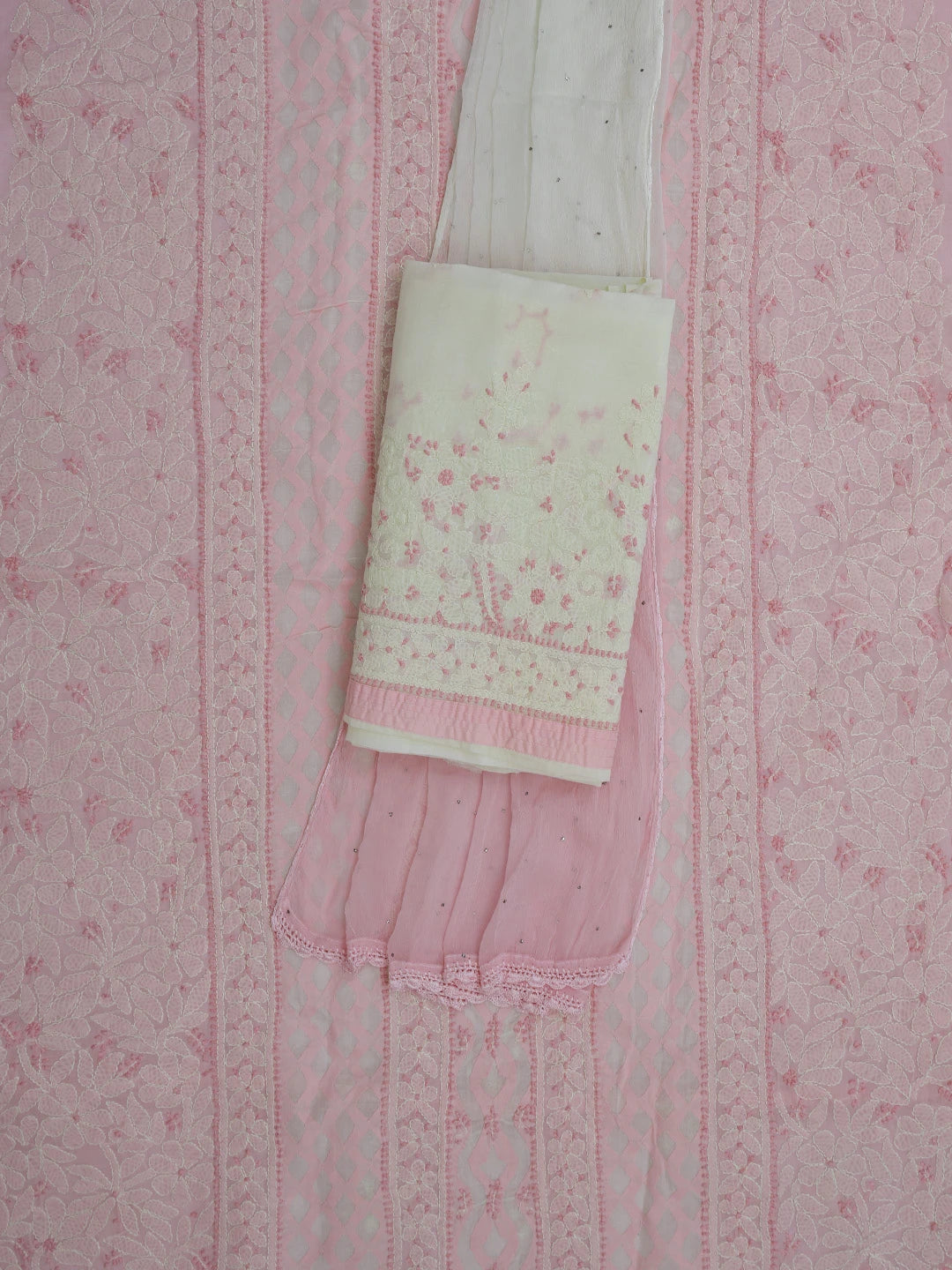 Ada Hand Embroidered Pink Cotton Lucknowi Chikankari Unstitched Suit Piece With Muqaish Work 01A742020
